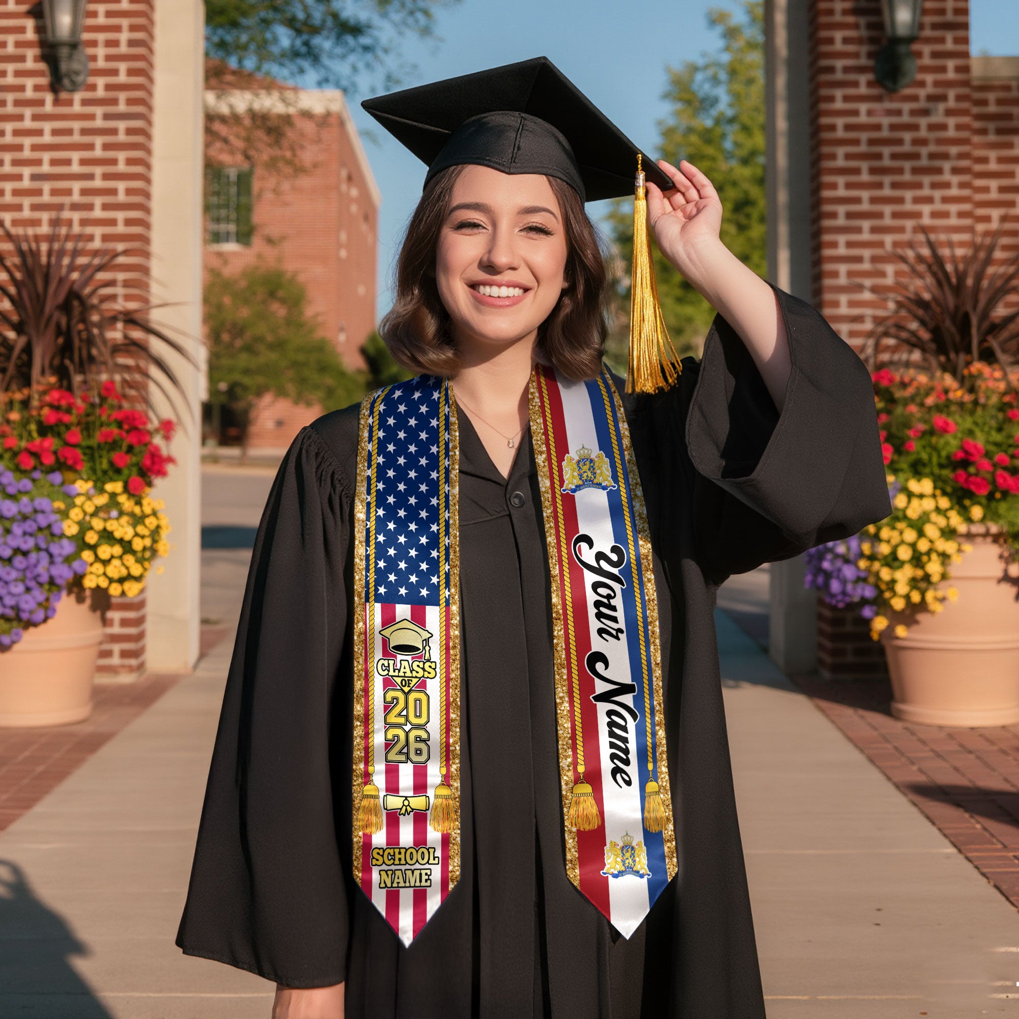 Customized Netherlands Graduation Stole with Dutch Flag Emblem, Graduation Sash for Class of 2026