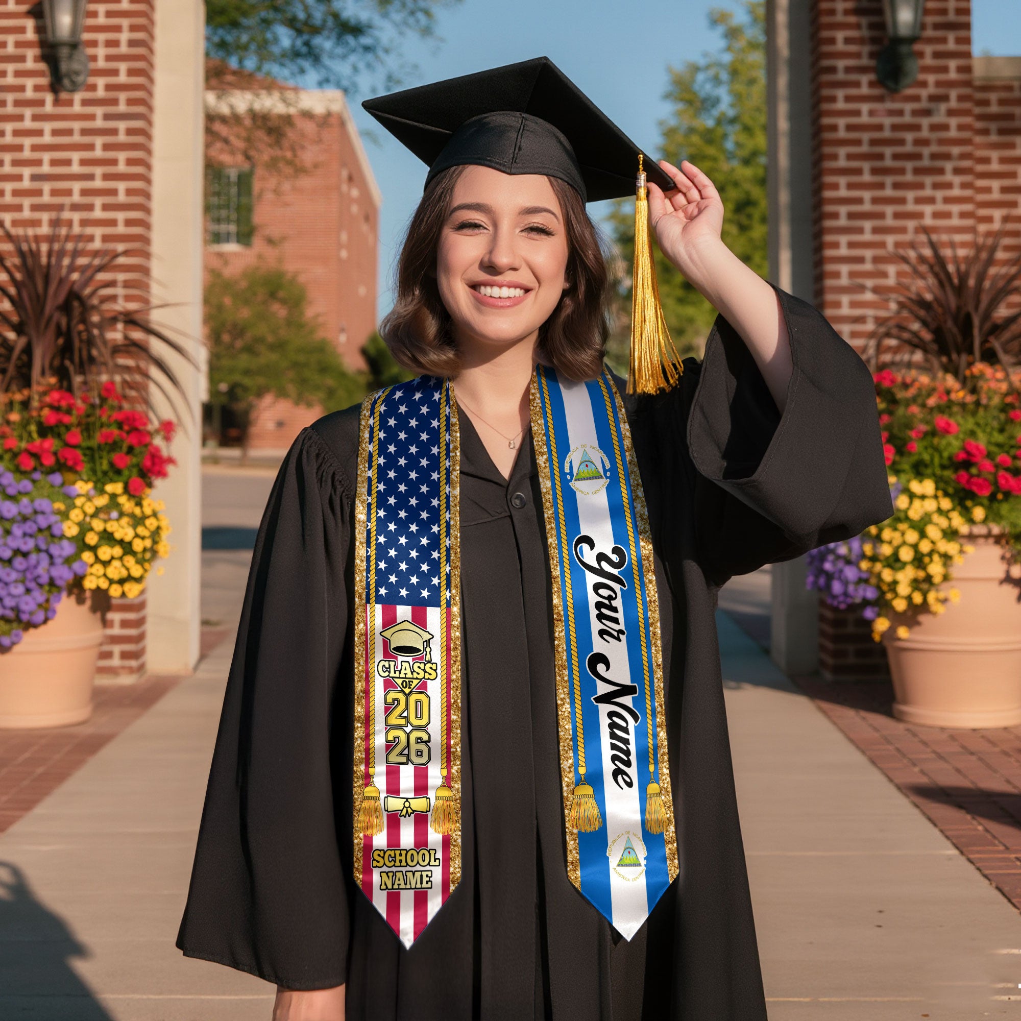 Customized Nicaragua Graduation Stole with Nicaraguan Flag Emblem, Graduation Sash for Class of 2026