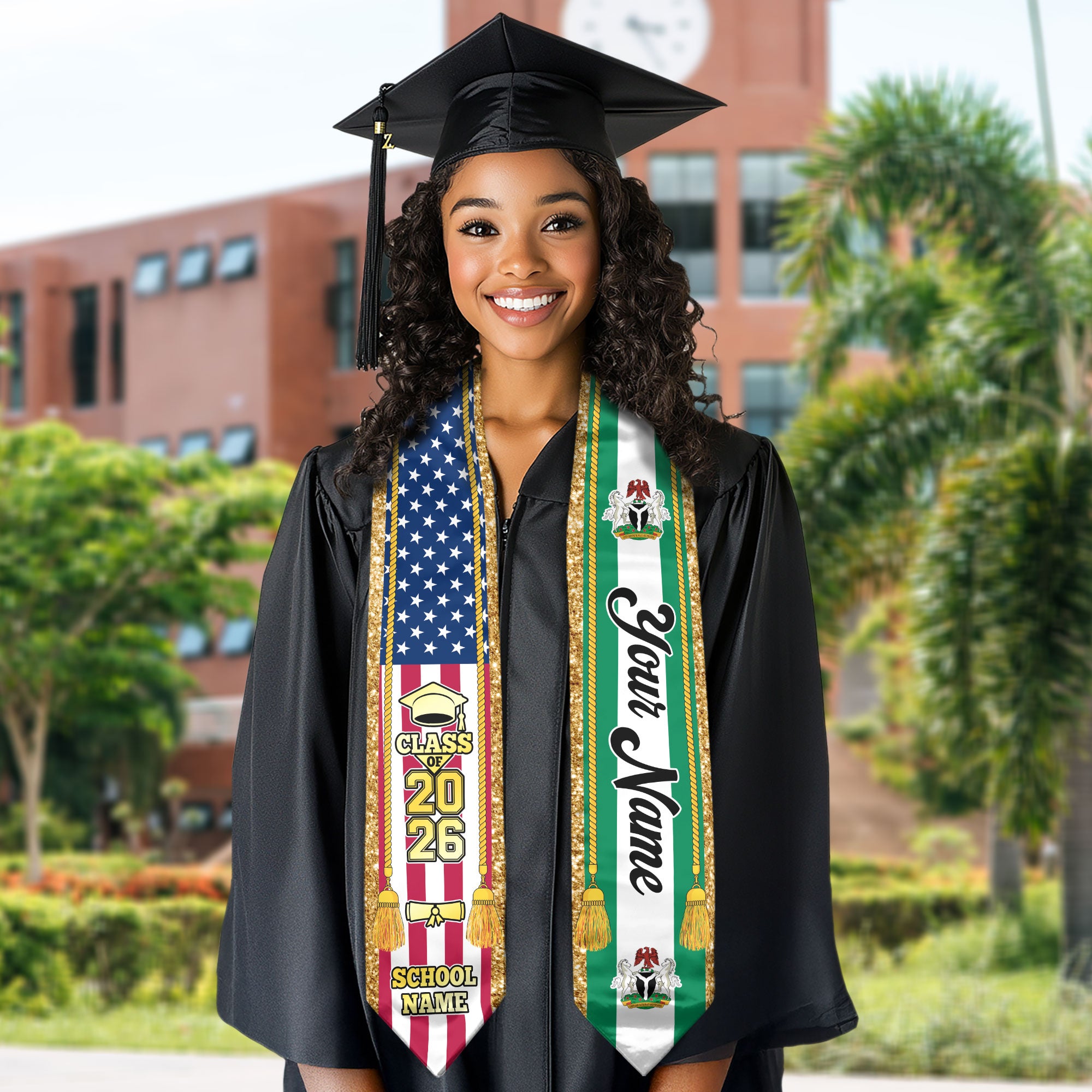 Customized Nigeria Graduation Stole with Nigerian Flag Emblem, Graduation Sash for Class of 2026
