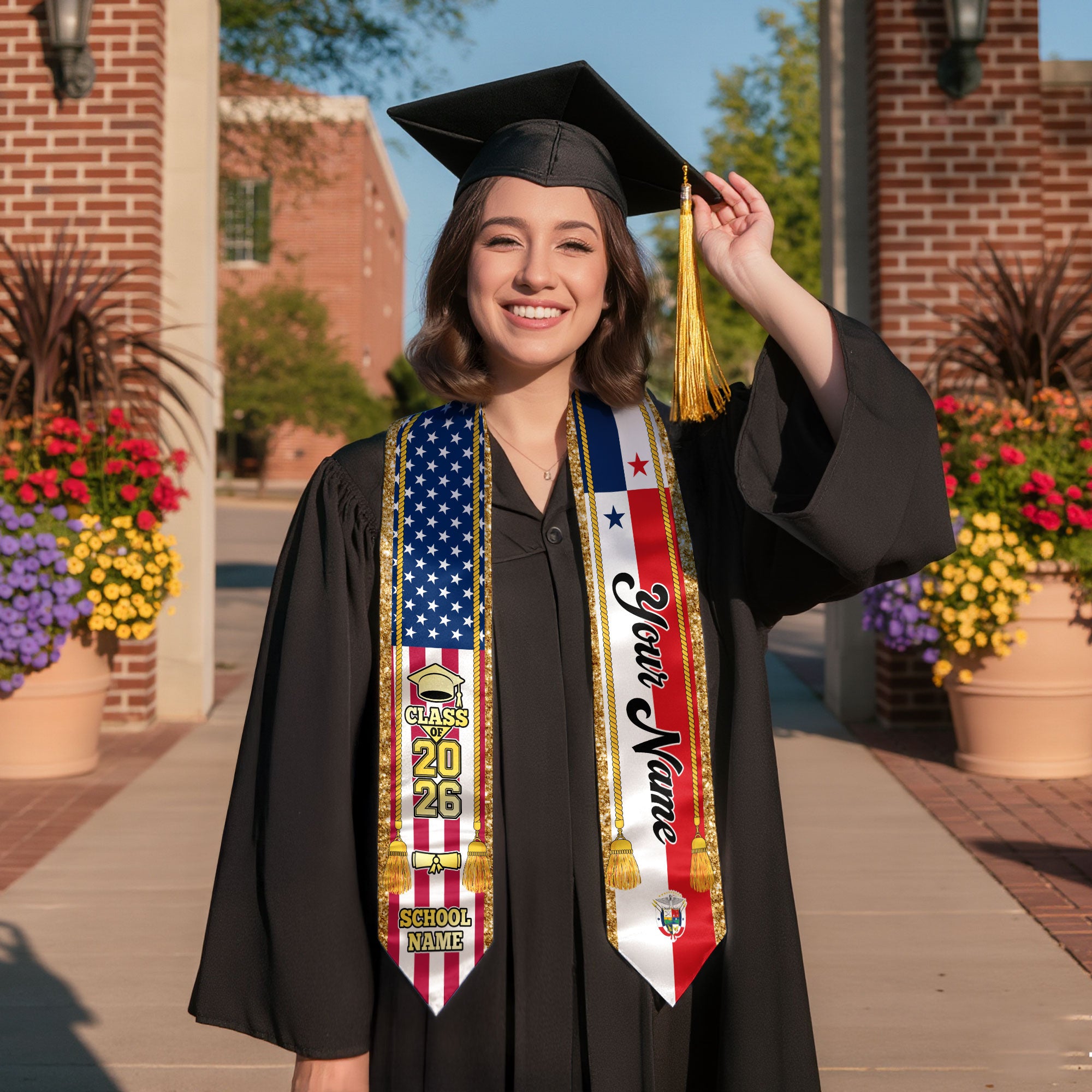 Customized Panama Graduation Stole with Panamanian Flag Emblem, Graduation Sash for Class of 2026