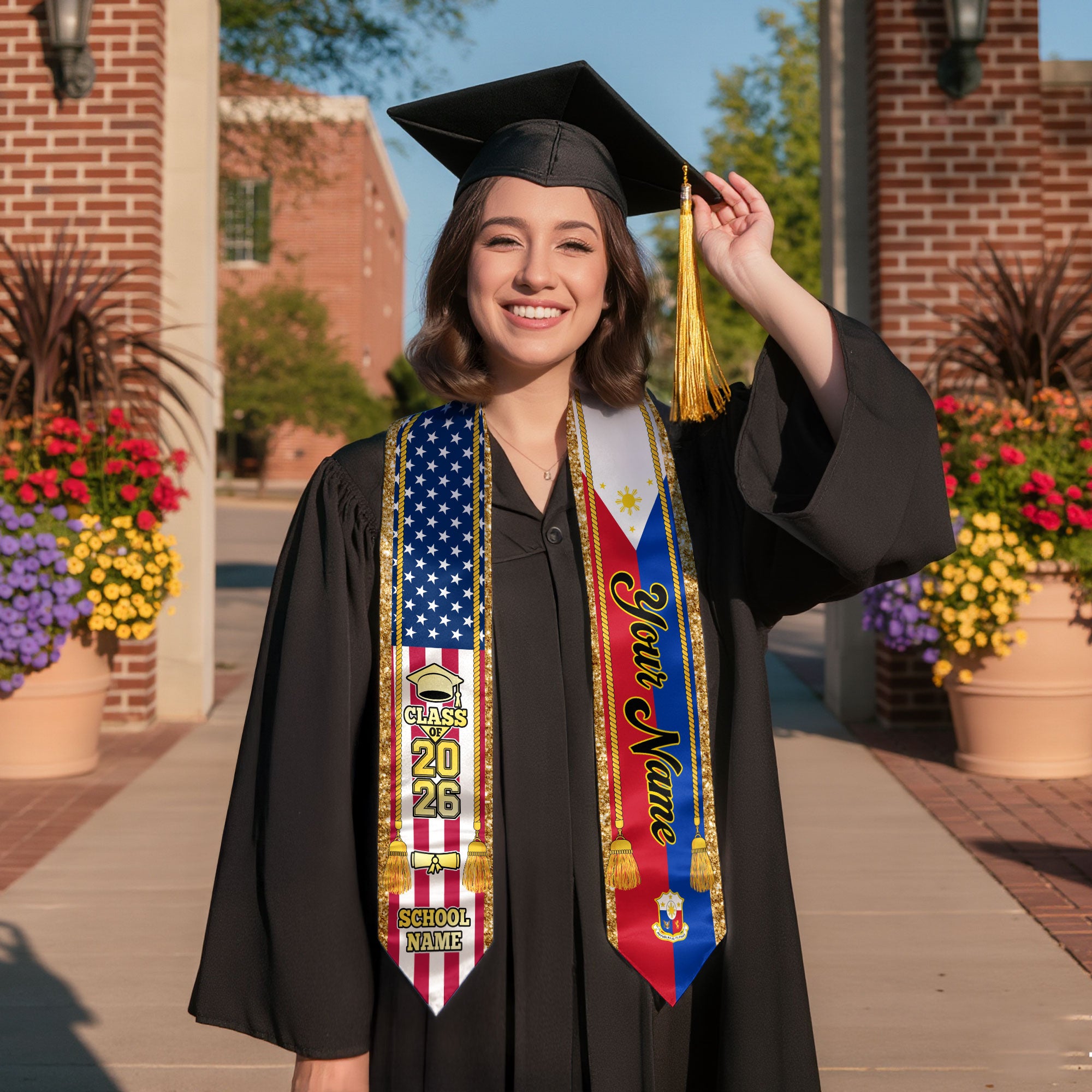 Customized Philippines Graduation Stole with Filipino Flag Emblem, Graduation Sash for Class of 2026