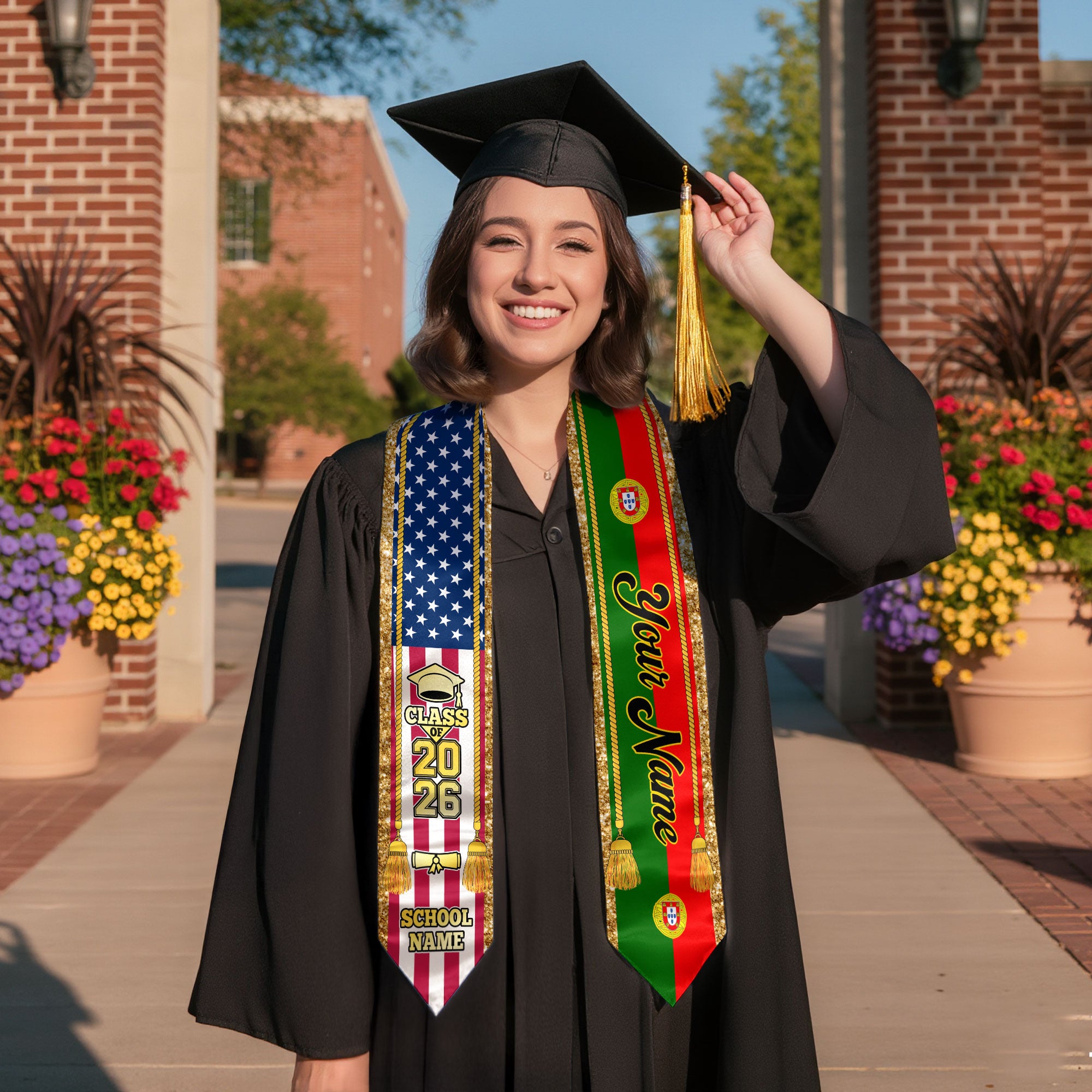 Customized Portugal Graduation Stole with Portuguese Flag Emblem, Graduation Sash for Class of 2026
