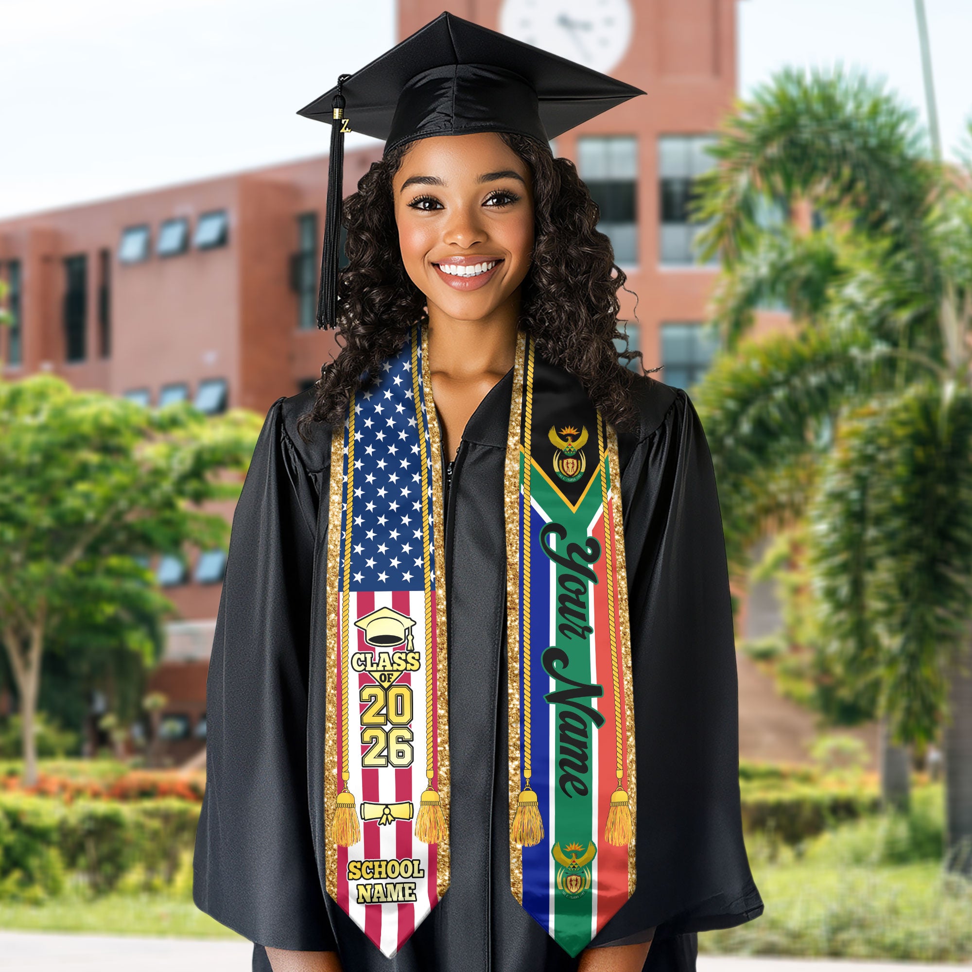 Customized South Africa Graduation Stole with National Flag Emblem, Graduation Sash for Class of 2026