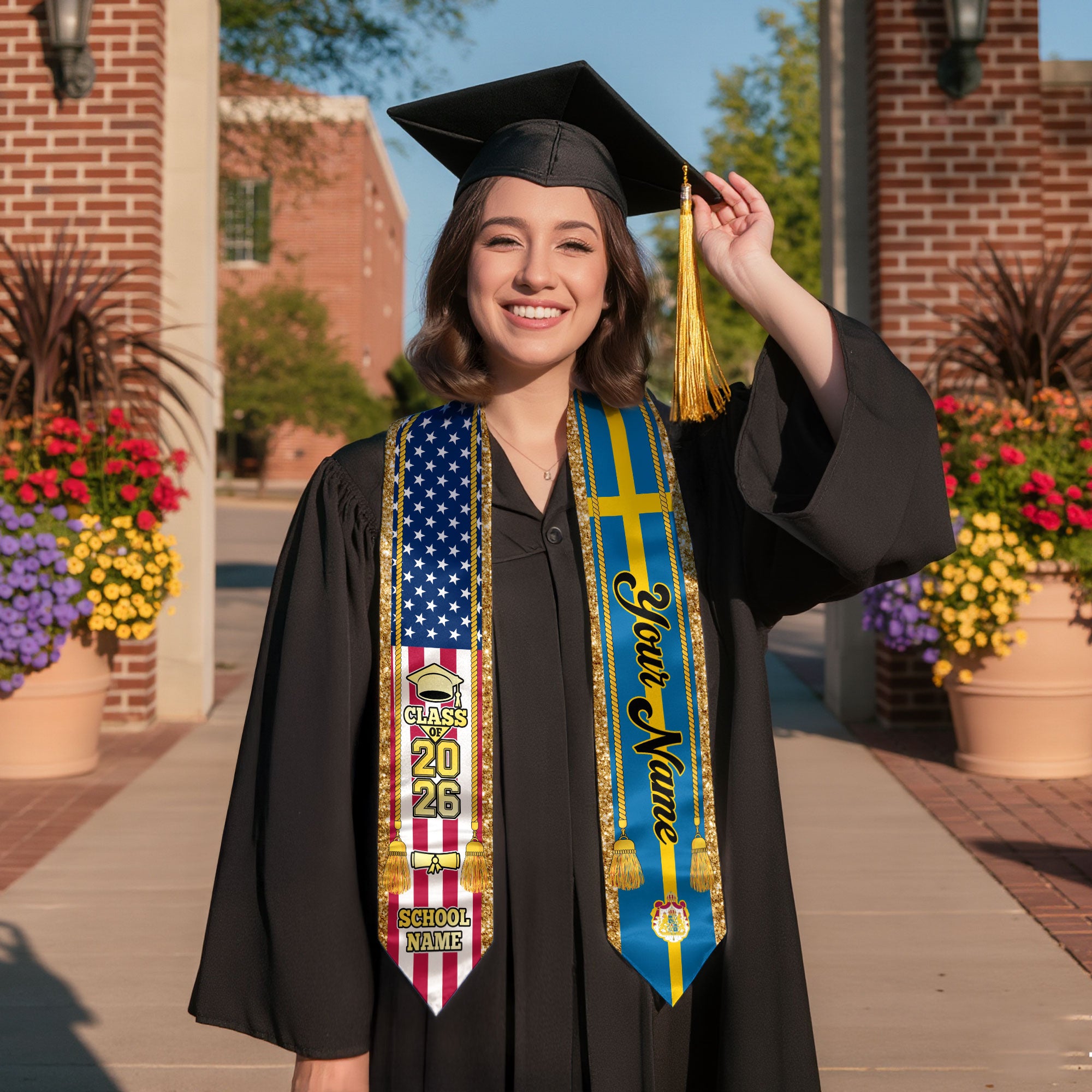 Customized Sweden Graduation Stole with Swedish Flag Emblem, Graduation Sash for Class of 2026