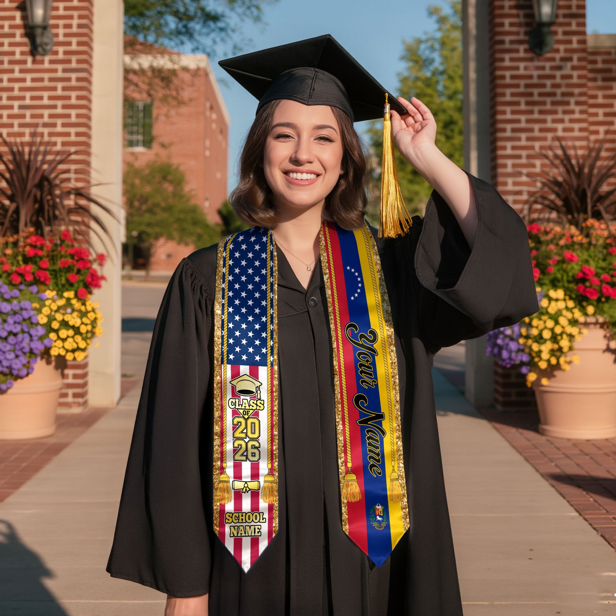Customized Venezuela Graduation Stole with Venezuelan Flag Emblem, Graduation Sash for Class of 2026