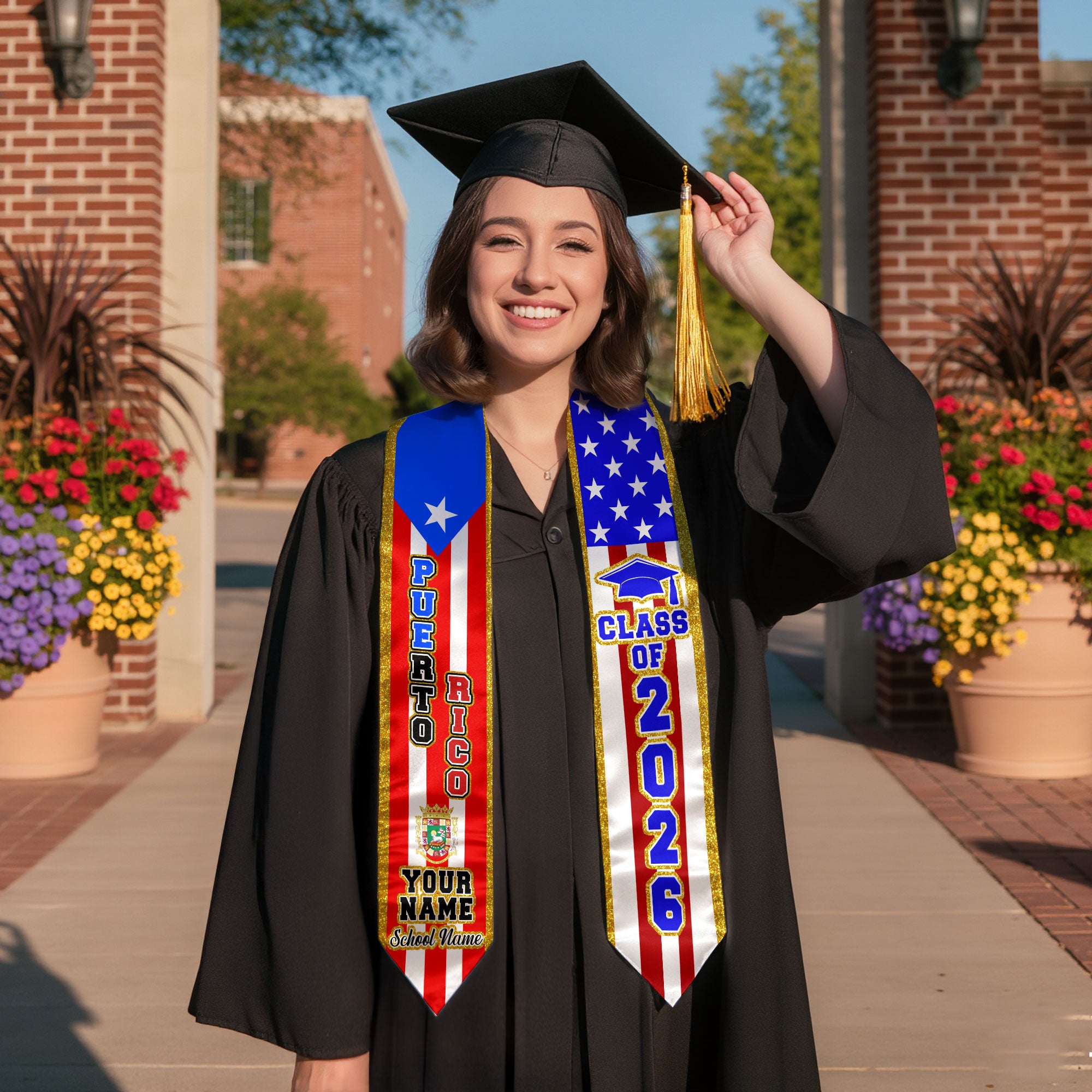 Puerto Rico Flag Graduation Sash 2026, Personalized Stole, Customizable Detail