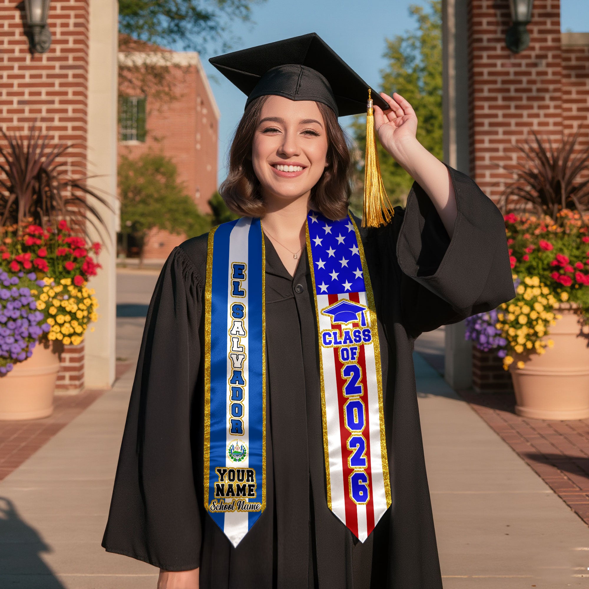 El Salvador Flag Graduation Sash 2026, Personalized Stole, Custom Detail