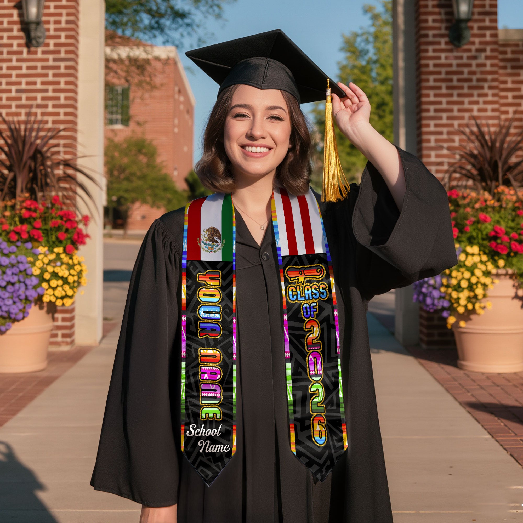 2026 Mexico Graduation Stole, Mexican American Flag Sash, Add a Personal Detail Option
