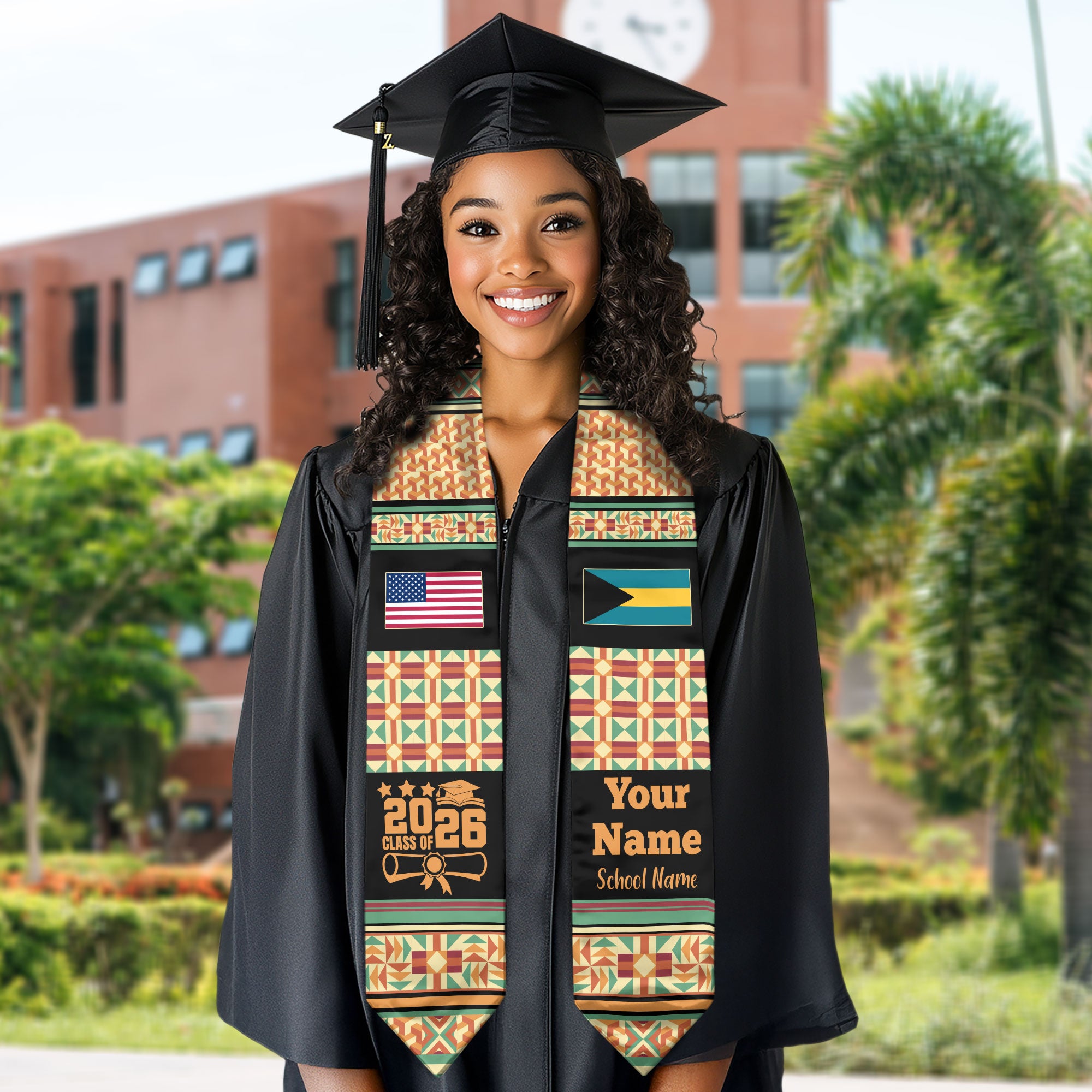 Customized Bahamas Graduation Stole Featuring Island Flag Motif, Graduation Sash for Class of 2026