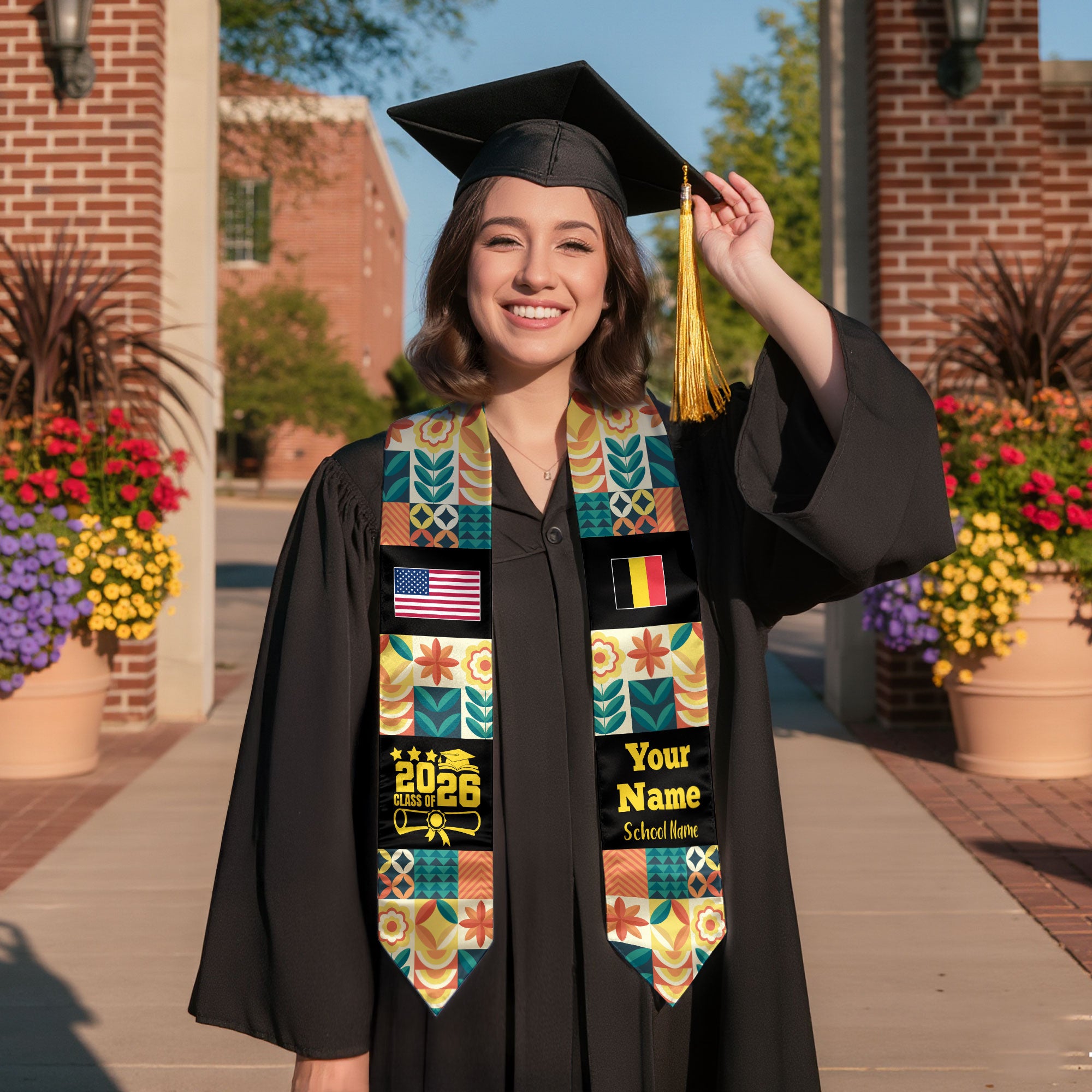 Customized Belgium Graduation Stole Featuring National Flag Motif, Graduation Sash for Class of 2026