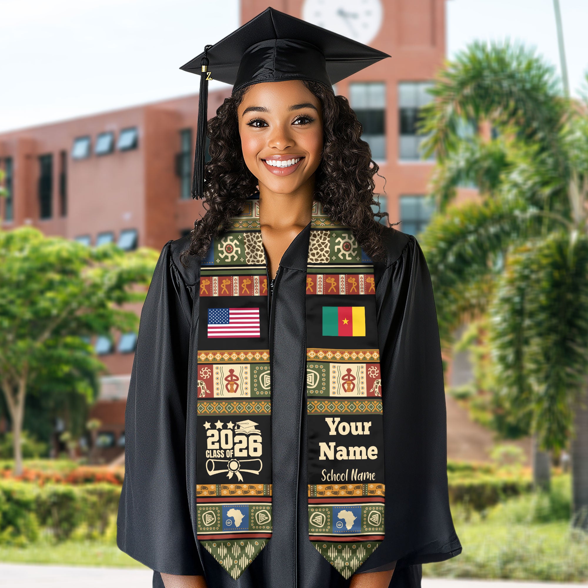 Customized Cameroon Graduation Stole Featuring National Flag Motif, Graduation Sash for Class of 2026