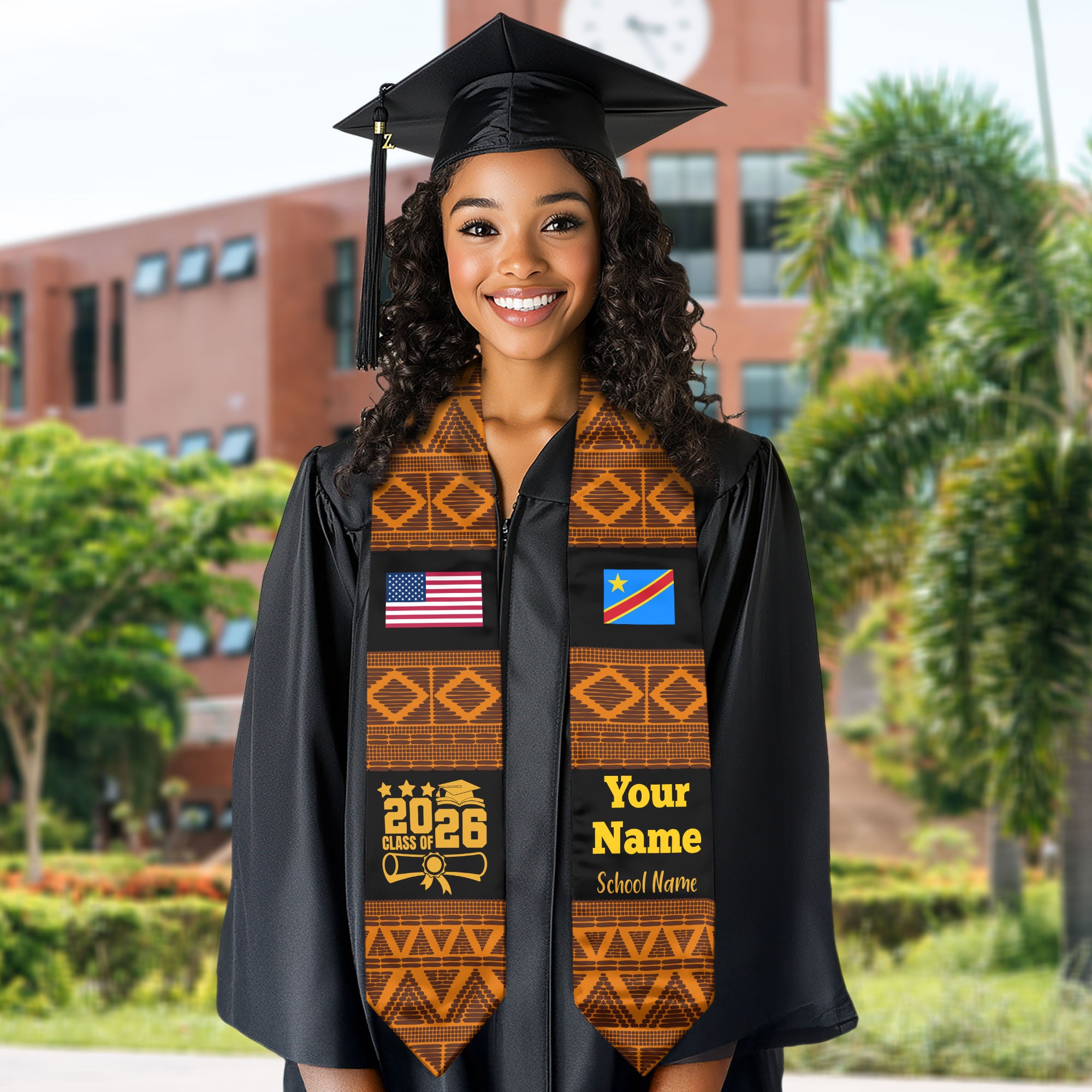 Customized DR Congo Graduation Stole Featuring National Flag Motif, Graduation Sash for Class of 2026