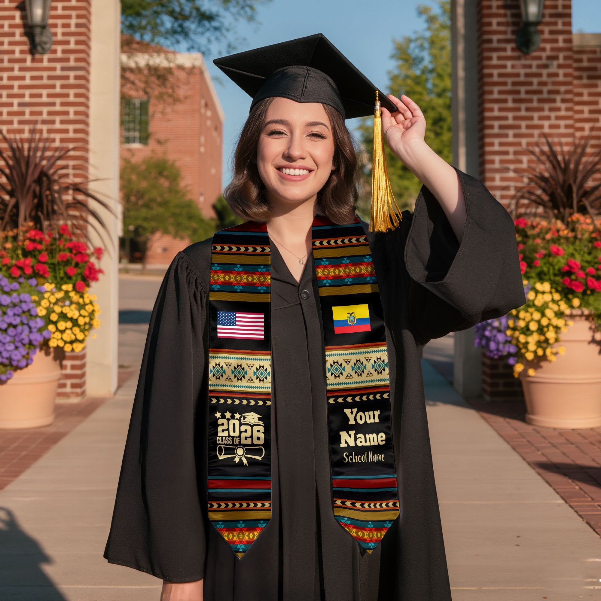 Customized Ecuador Graduation Stole Featuring National Flag Motif, Graduation Sash for Class of 2026