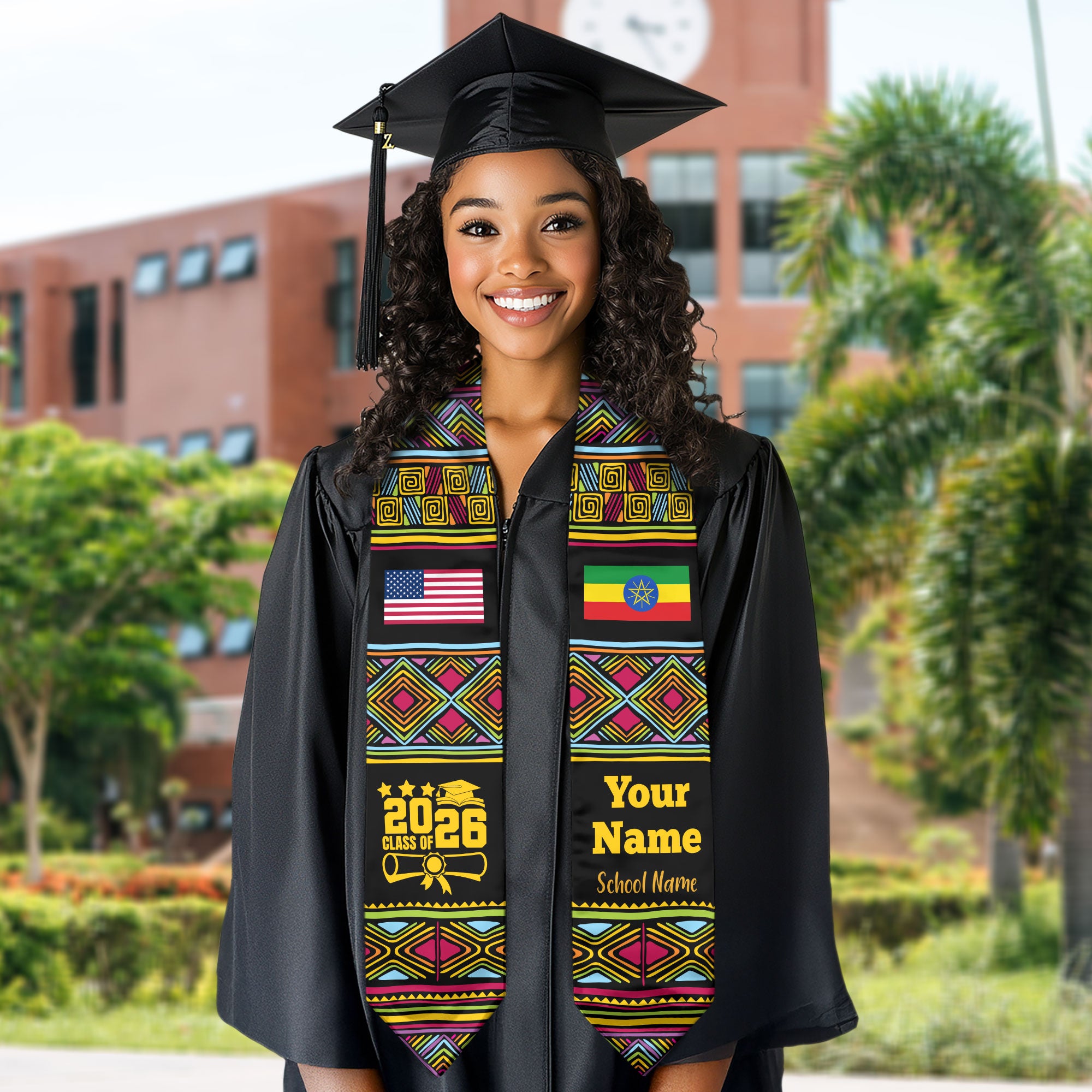 Customized Ethiopia Graduation Stole Featuring National Flag Motif, Graduation Sash for Class of 2026