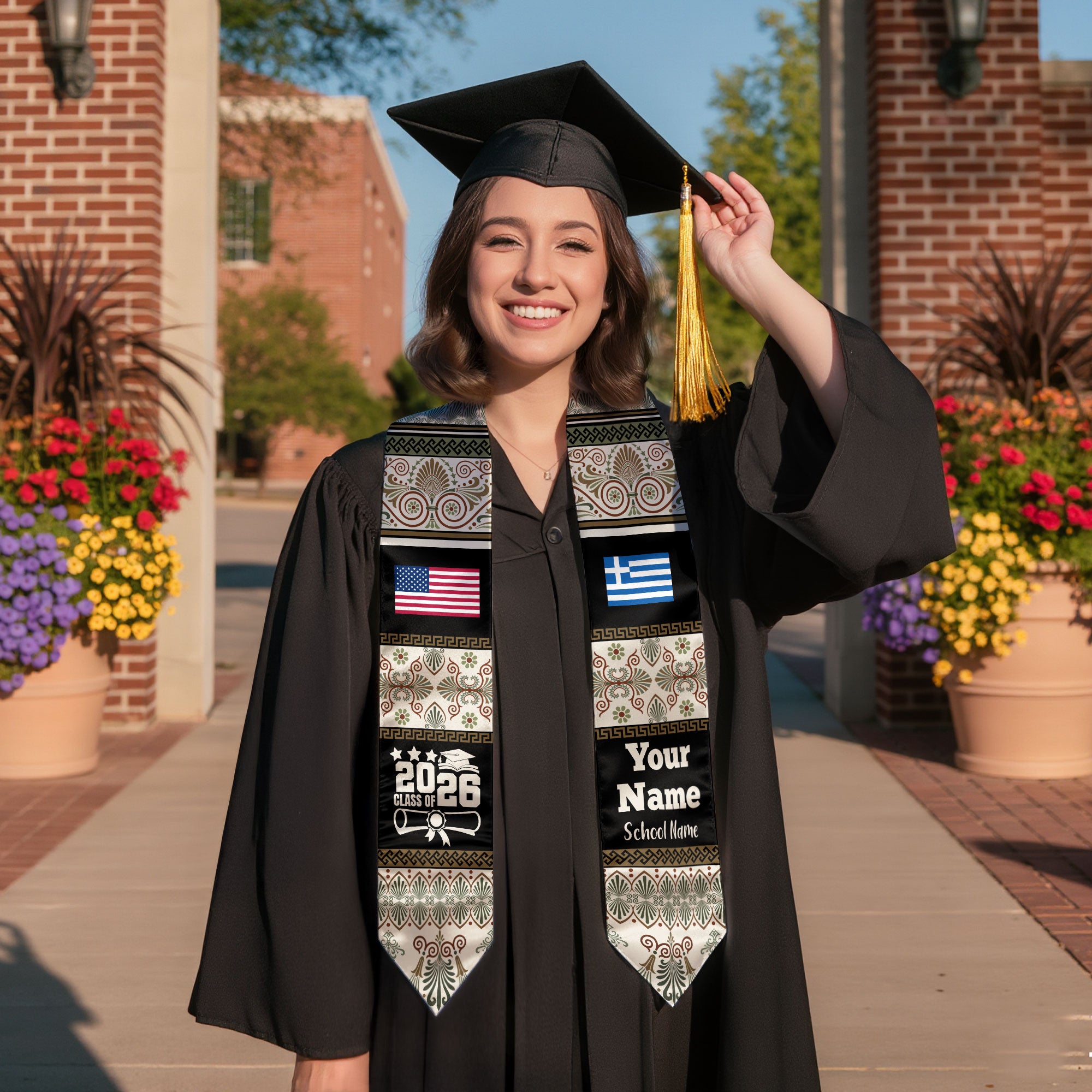Customized Greece Graduation Stole Featuring National Flag Motif, Graduation Sash for Class of 2026