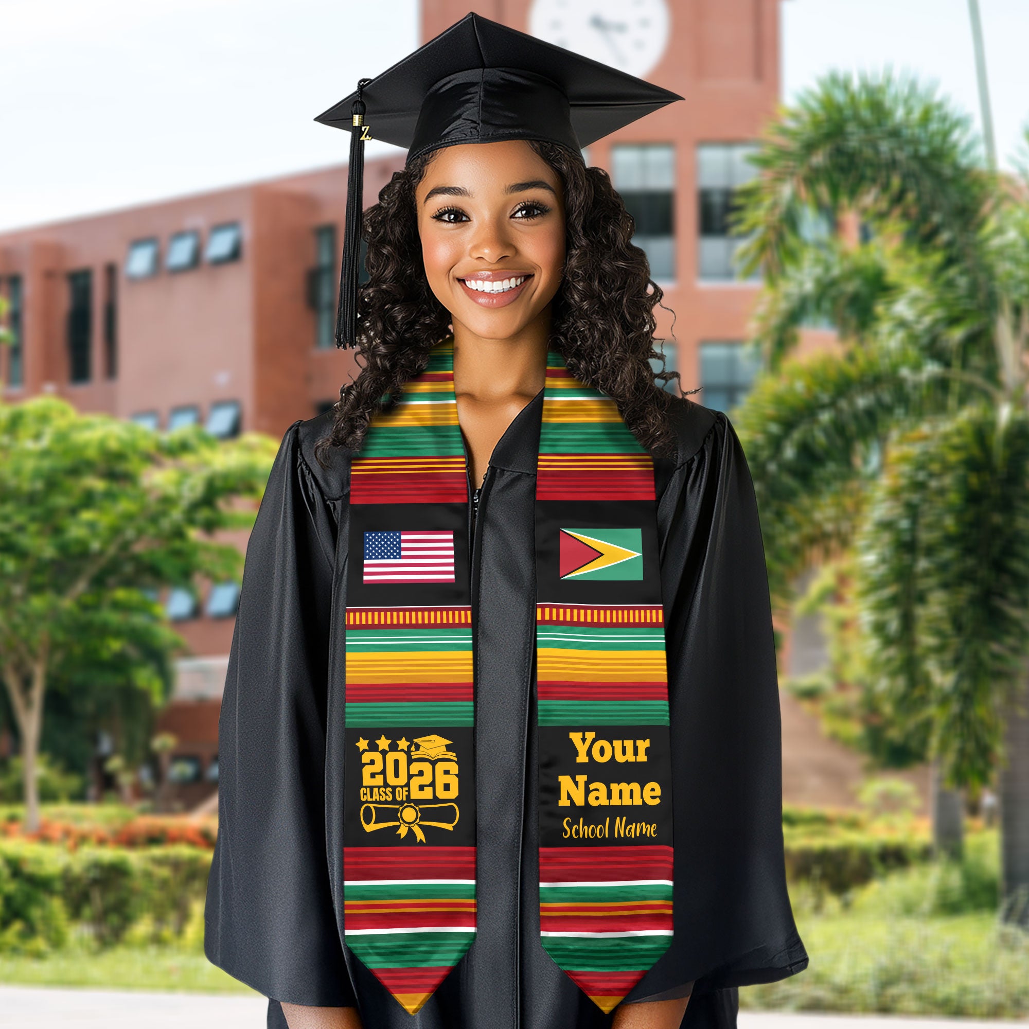 Customized Guyana Graduation Stole Featuring National Flag Motif, Graduation Sash for Class of 2026