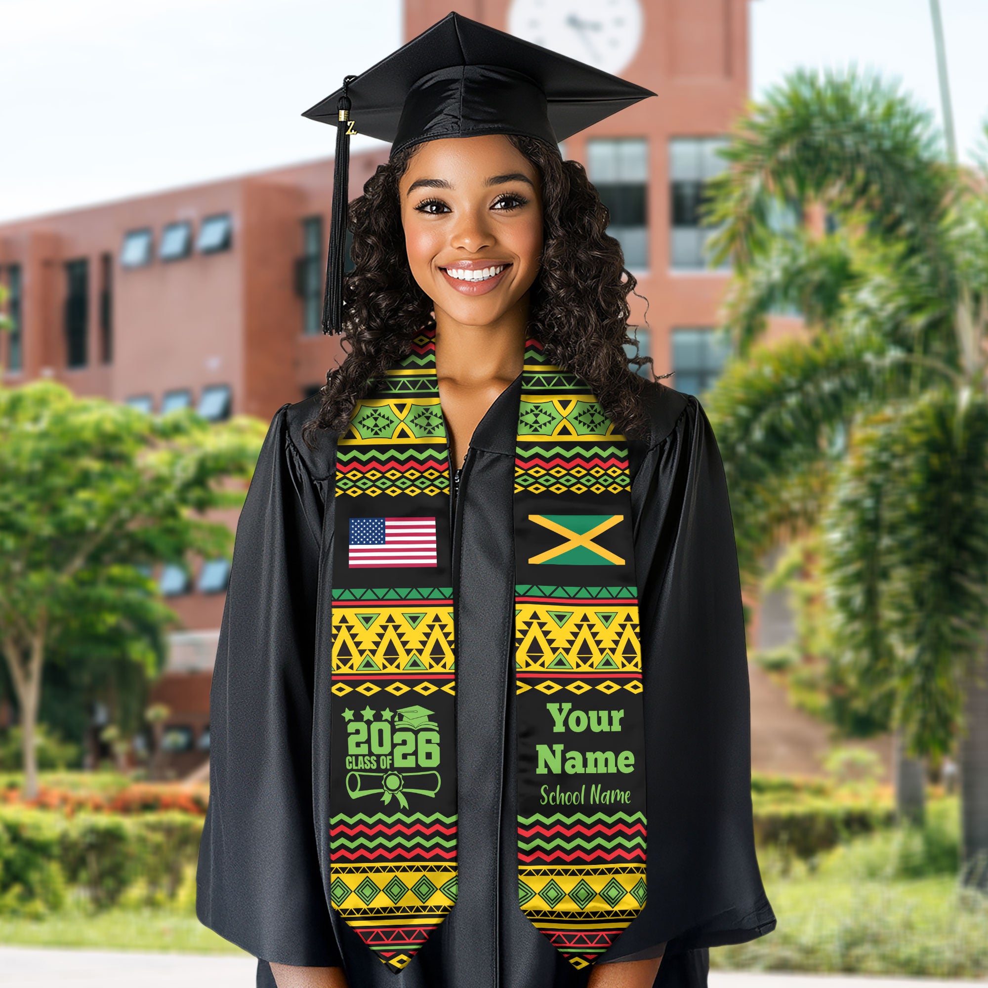 Customized Jamaica Graduation Stole Featuring National Flag Motif, Graduation Sash for Class of 2026