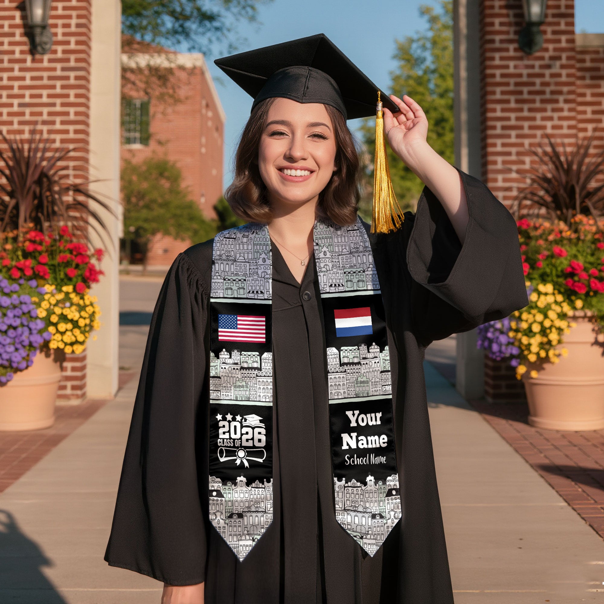 Customized Netherlands Graduation Stole Featuring National Flag Motif, Graduation Sash for Class of 2026