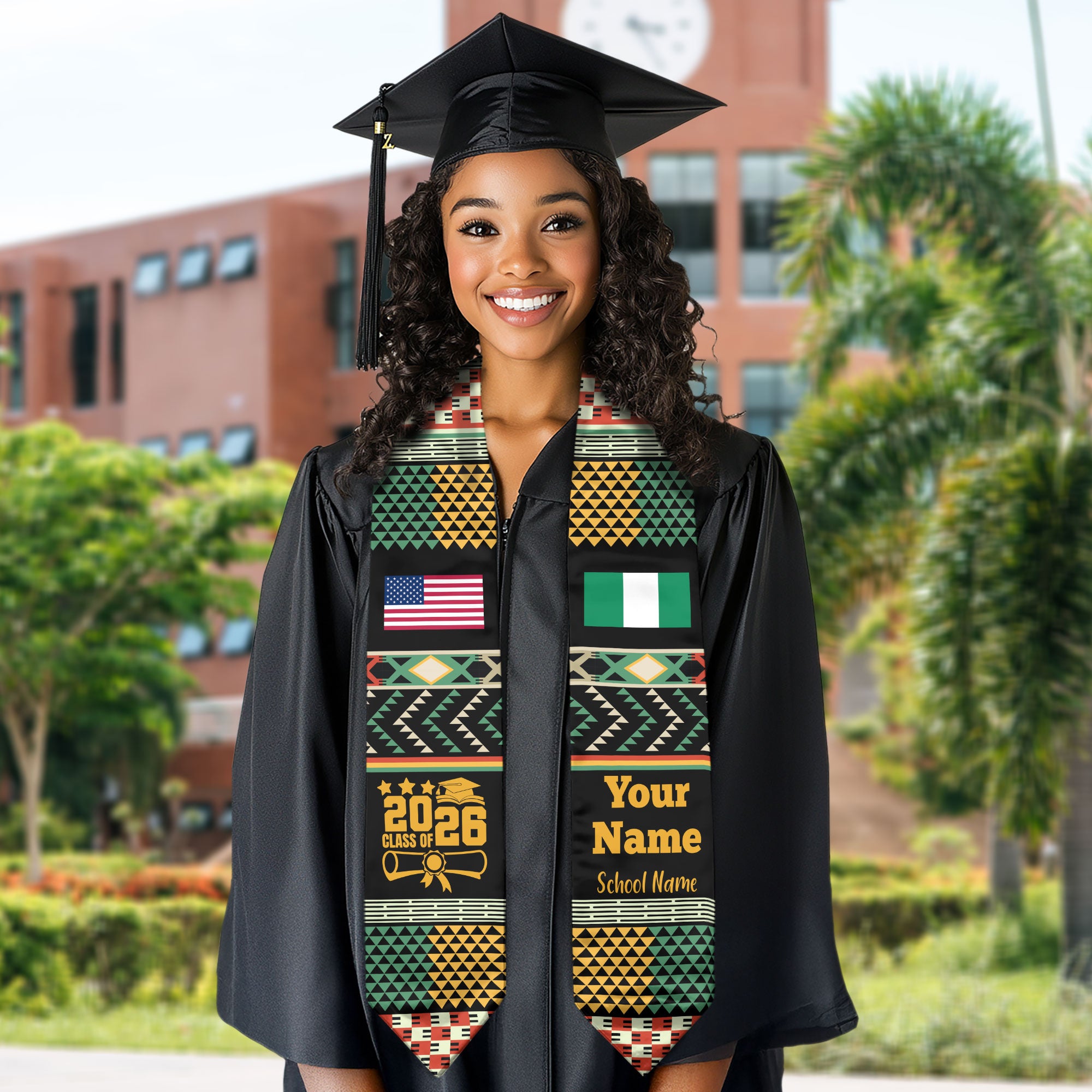 Customized Nigeria Graduation Stole Featuring National Flag Motif, Graduation Sash for Class of 2026