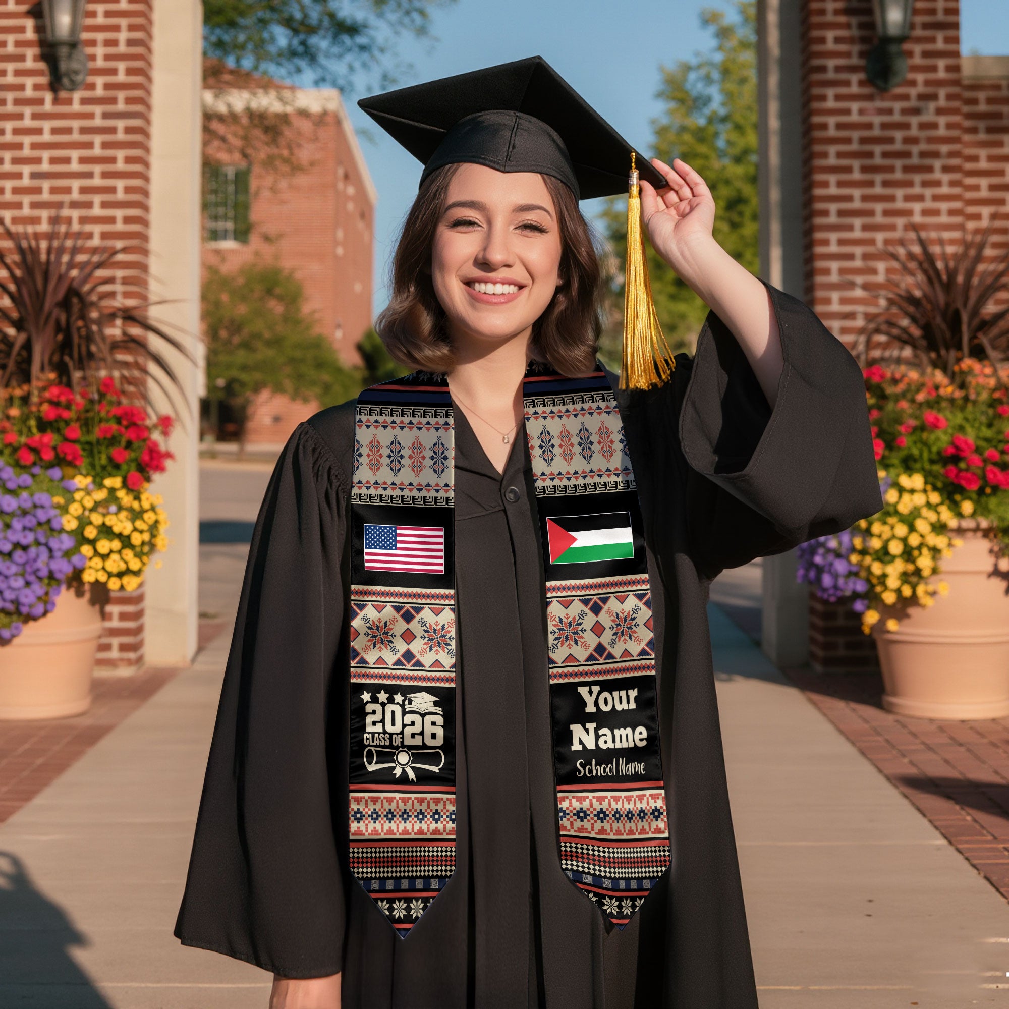 Customized Palestine Graduation Stole Featuring National Flag Motif, Graduation Sash for Class of 2026
