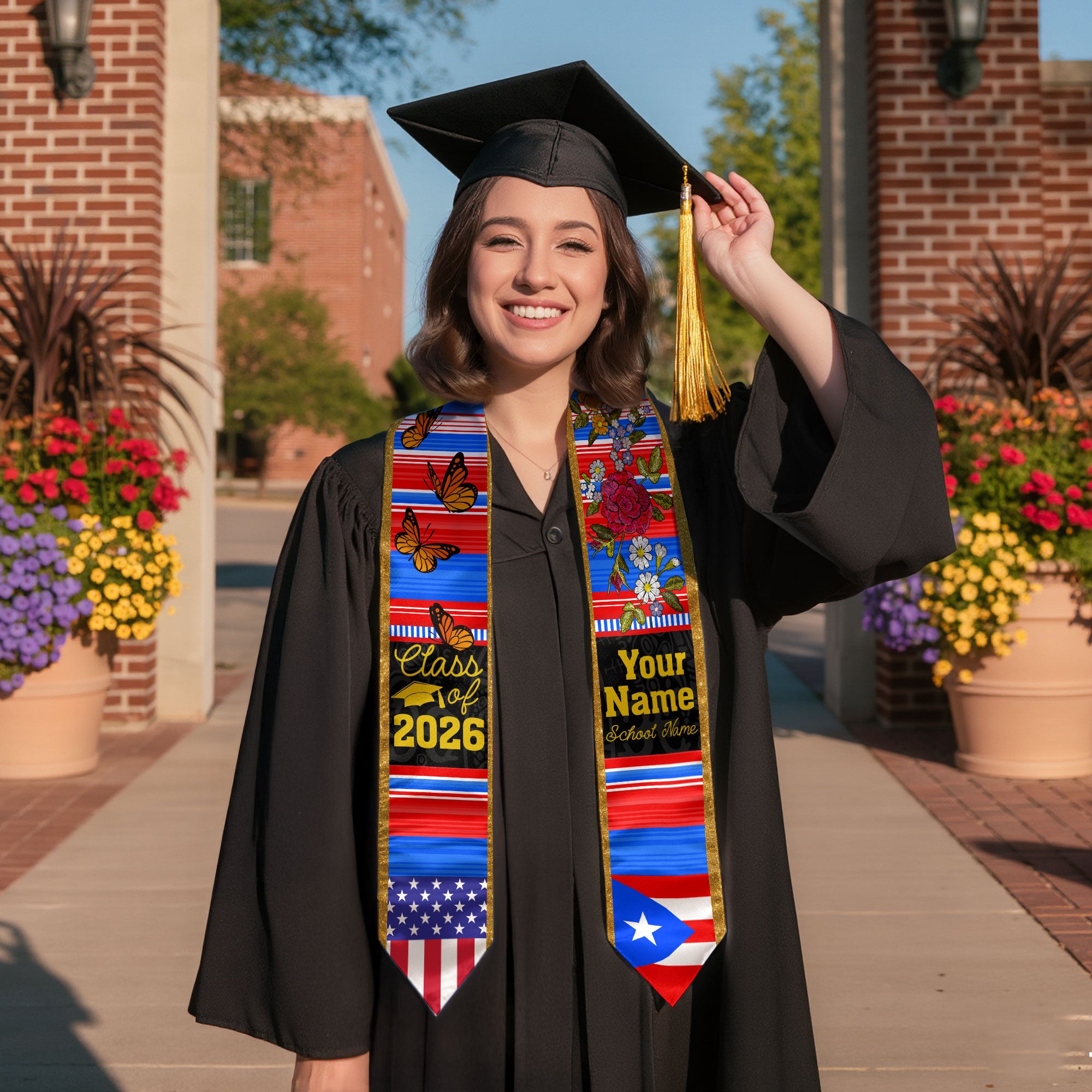2026 Puerto Rico Flag Graduation Stole, Puerto Rican Sash, Personalized Detail