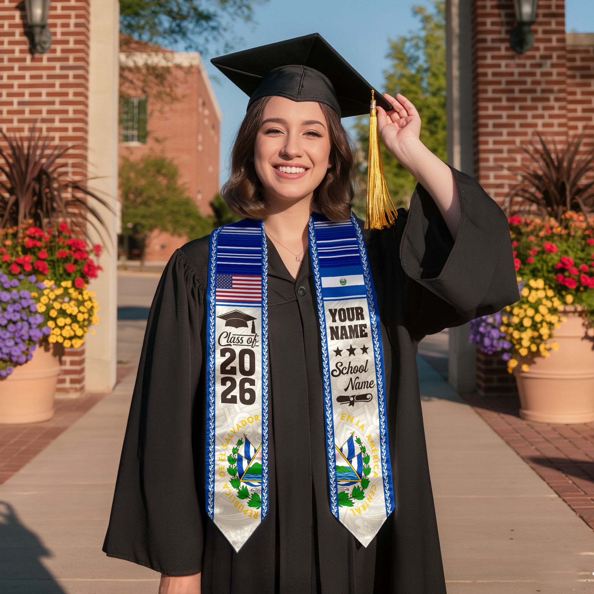 2026 El Salvador Graduation Stole, El Salvador Flag Sash, Personal Detail Option