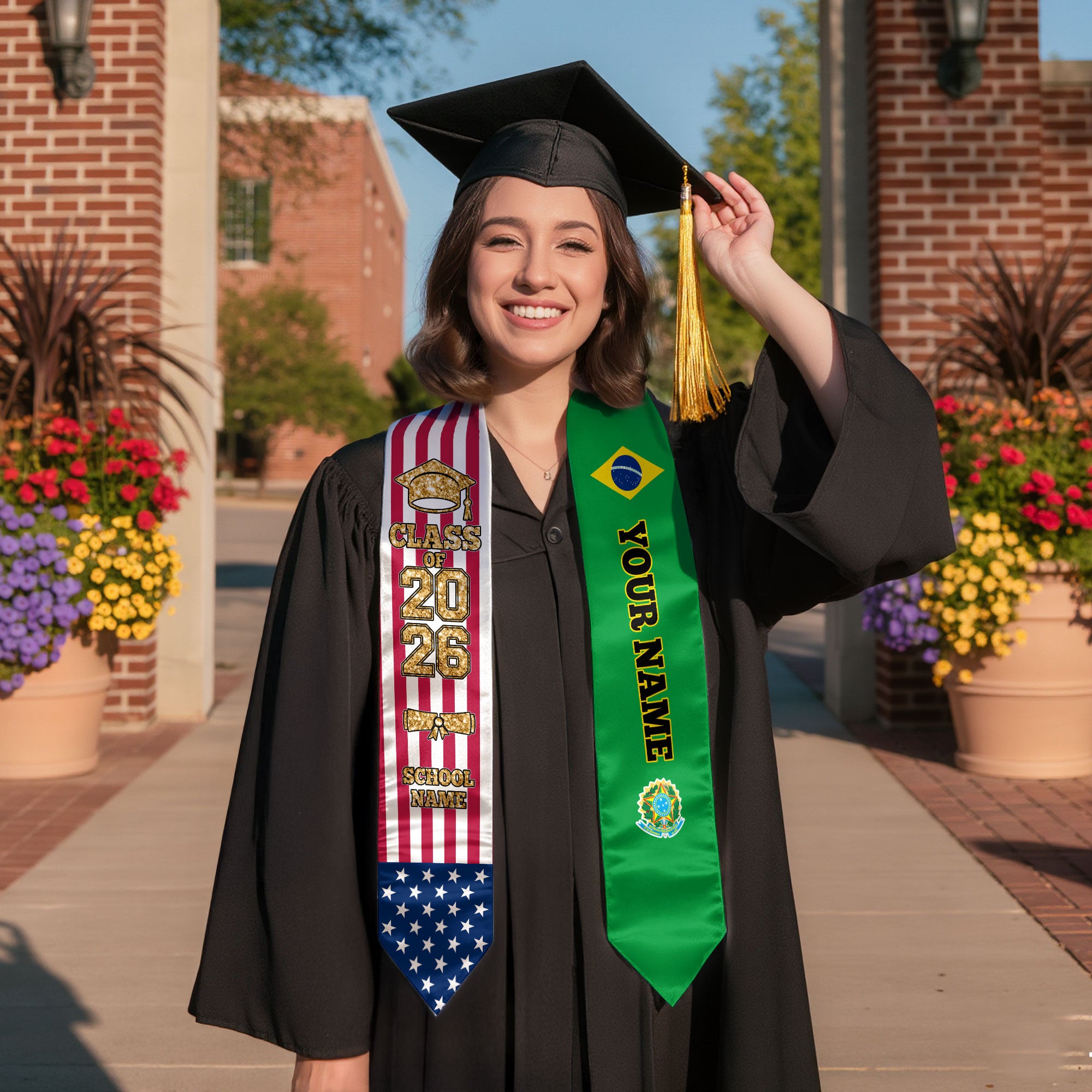 Customized Brazil Graduation Stole Featuring Brazilian Flag Colors, Graduation Sash 2026, Class of 2026