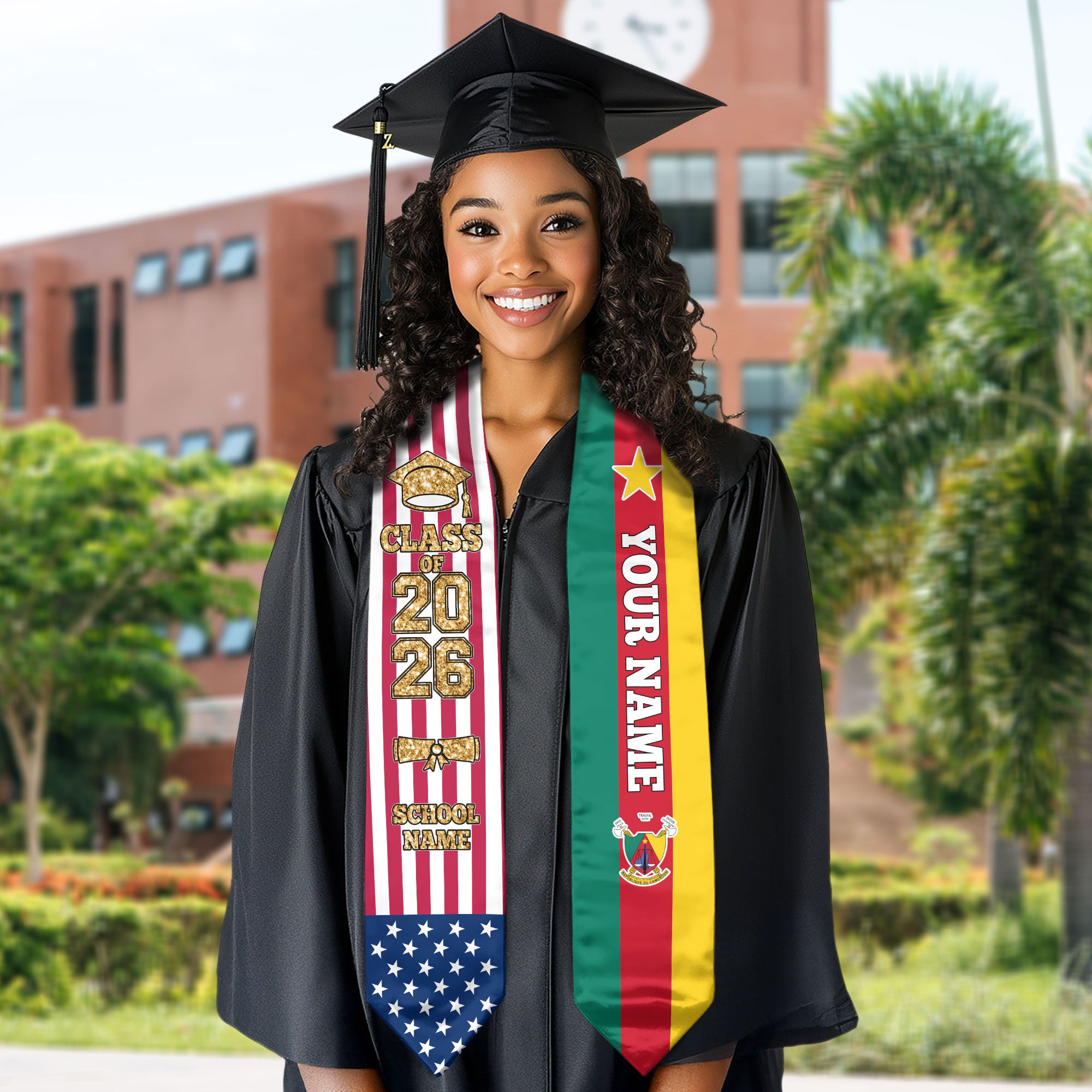 Customized Cameroon Graduation Stole with National Flag Feature, Graduation Sash 2026, Class of 2026