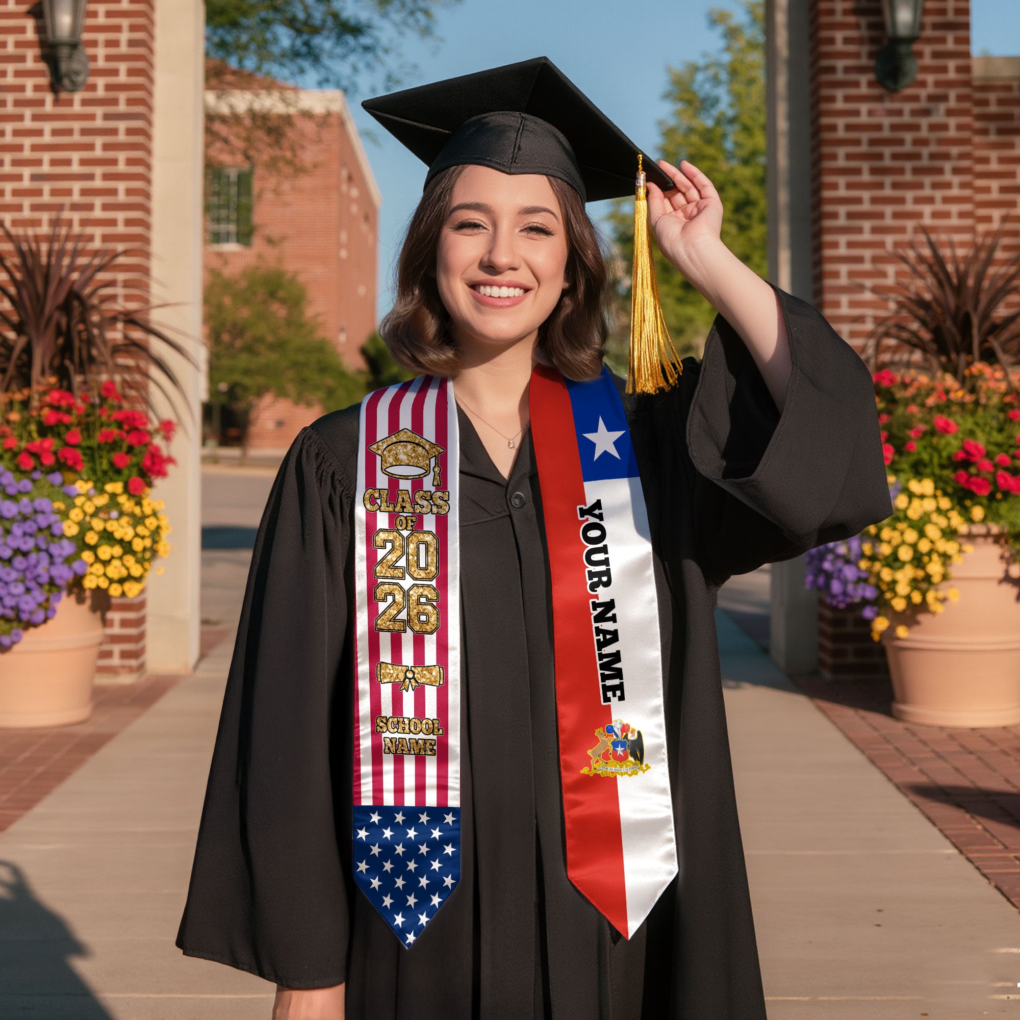Customized Chile Graduation Stole Featuring Chilean Flag Design, Graduation Sash 2026, Class of 2026