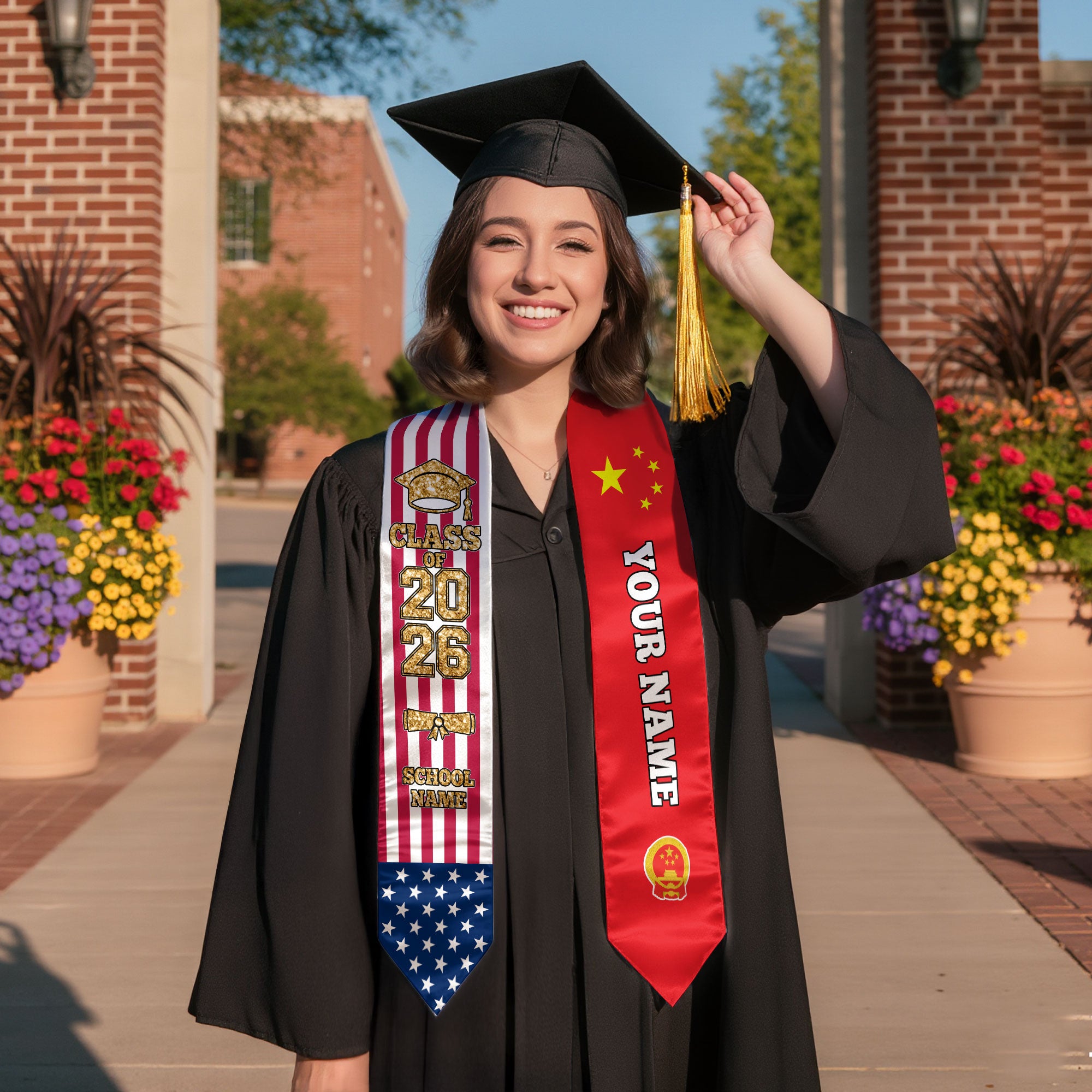 Customized China Graduation Stole with National Flag Detail, Graduation Sash 2026, Class of 2026