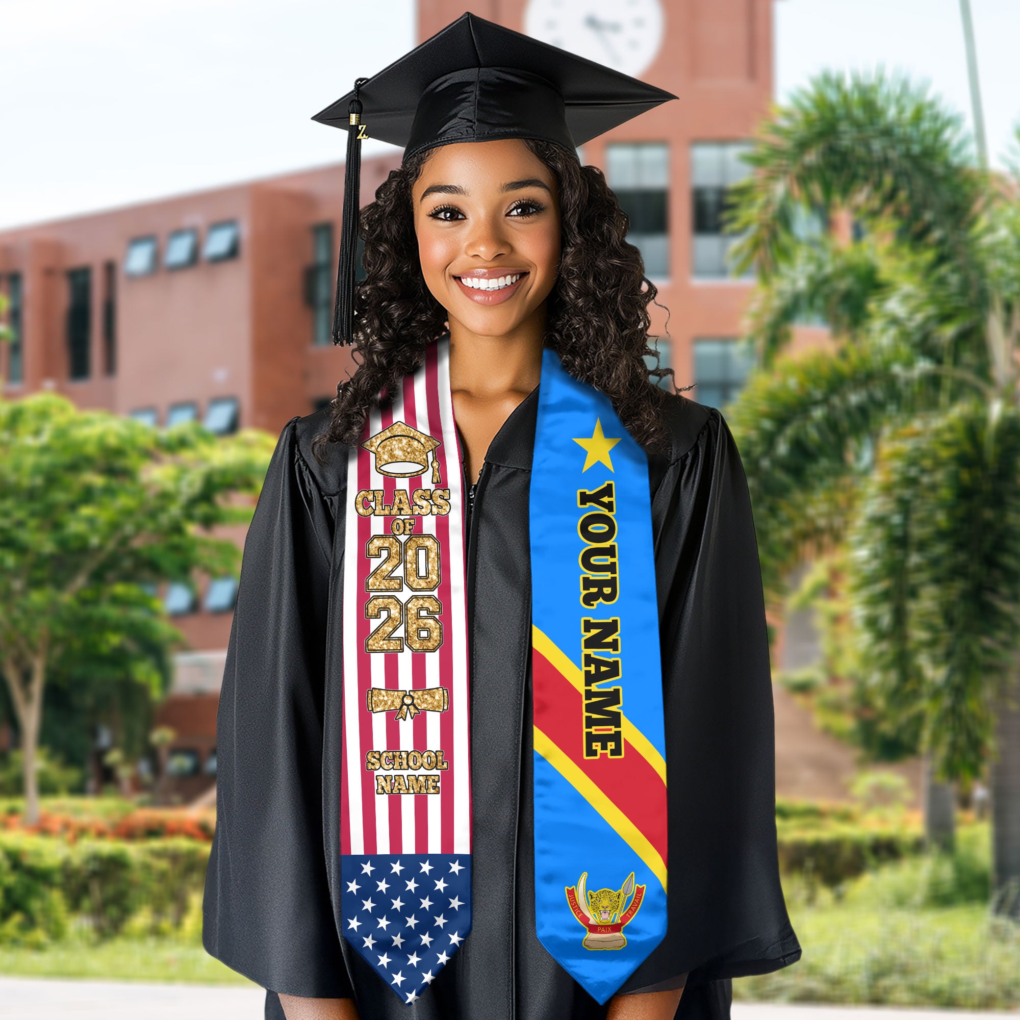 Customized DR Congo Graduation Stole Featuring National Flag Colors, Graduation Sash 2026, Class of 2026