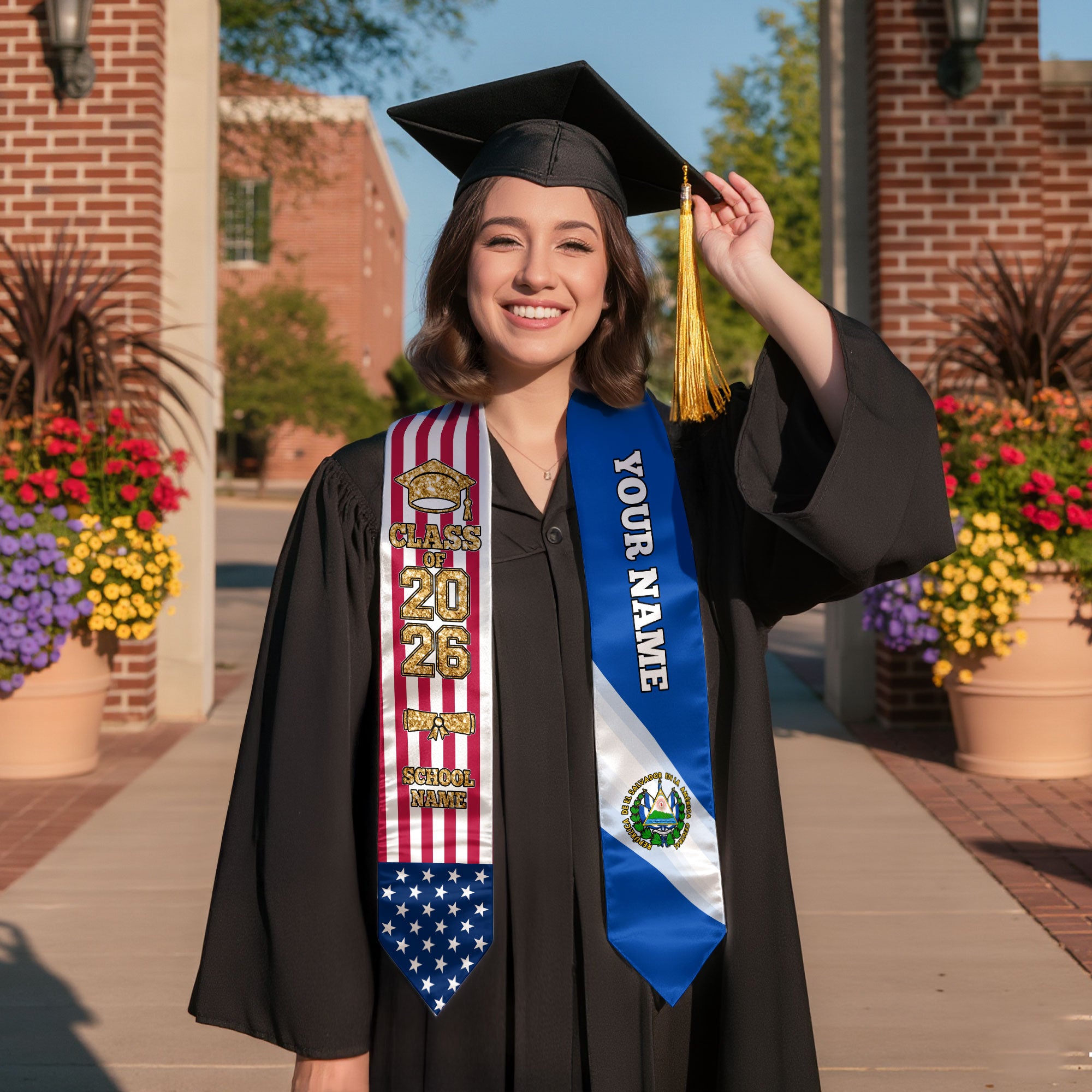 Customized El Salvador Graduation Stole Featuring Salvadoran Flag Accent, Graduation Sash 2026