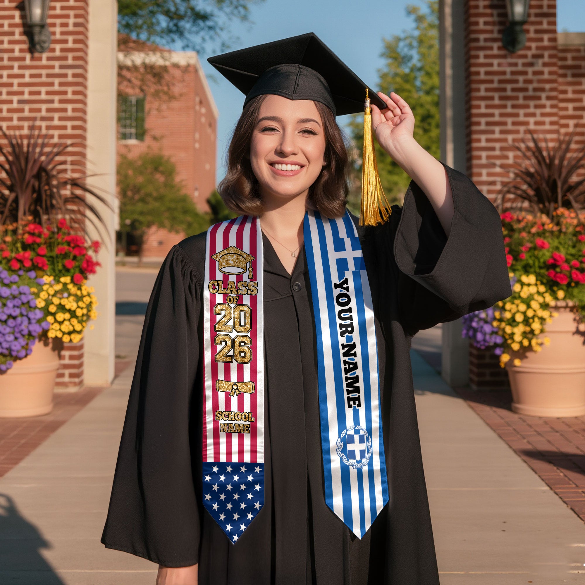 Customized Greece Graduation Stole Featuring Greek Flag Design, Graduation Sash 2026, Class of 2026