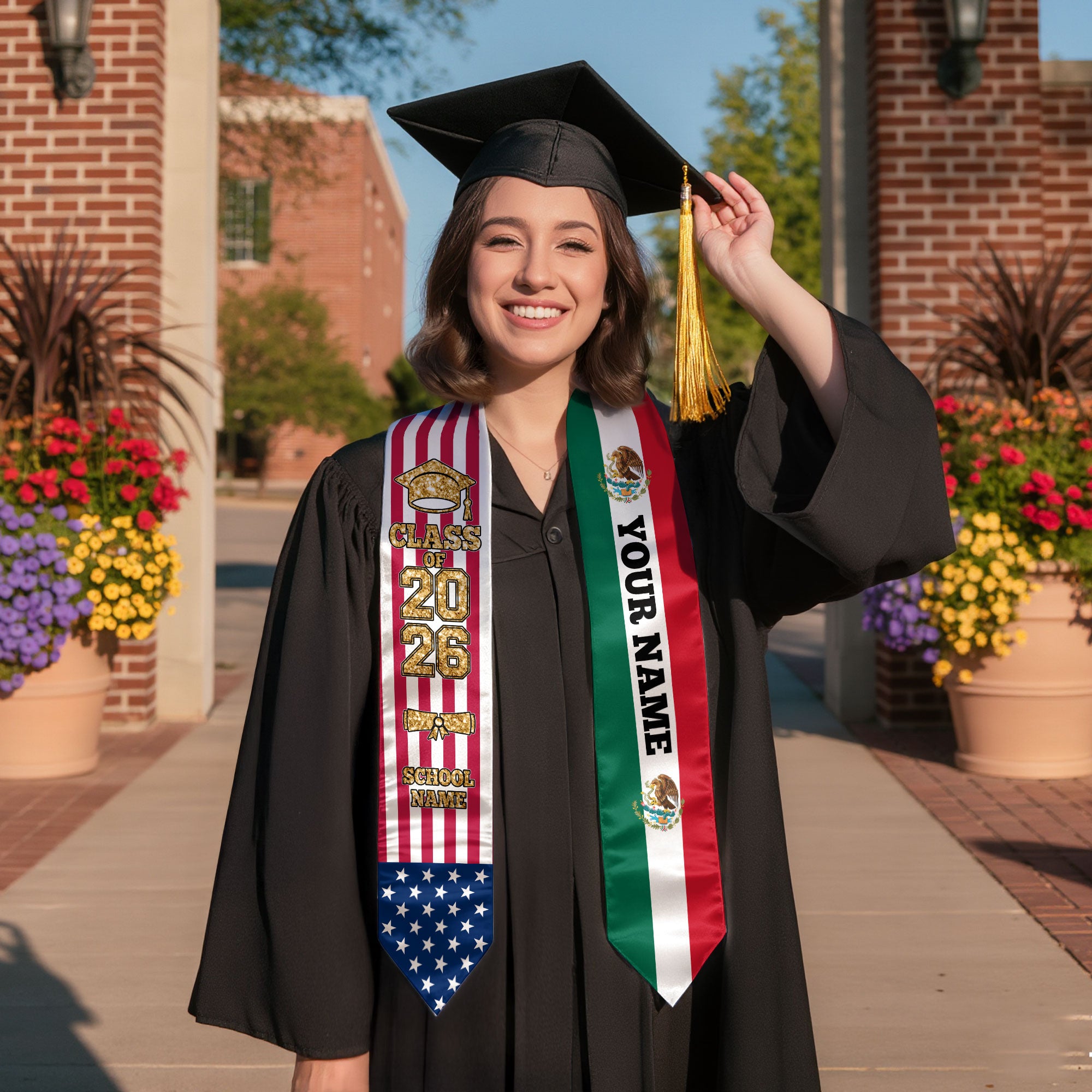 Customized Mexico Graduation Stole with Mexican Flag Accent, Graduation Sash 2026, Class of 2026