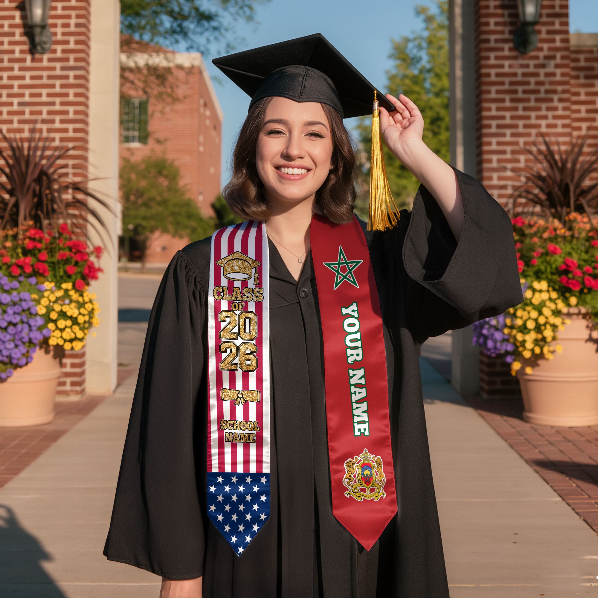Customized Morocco Graduation Stole Featuring Moroccan Flag Detail, Graduation Sash 2026, Class of 2026