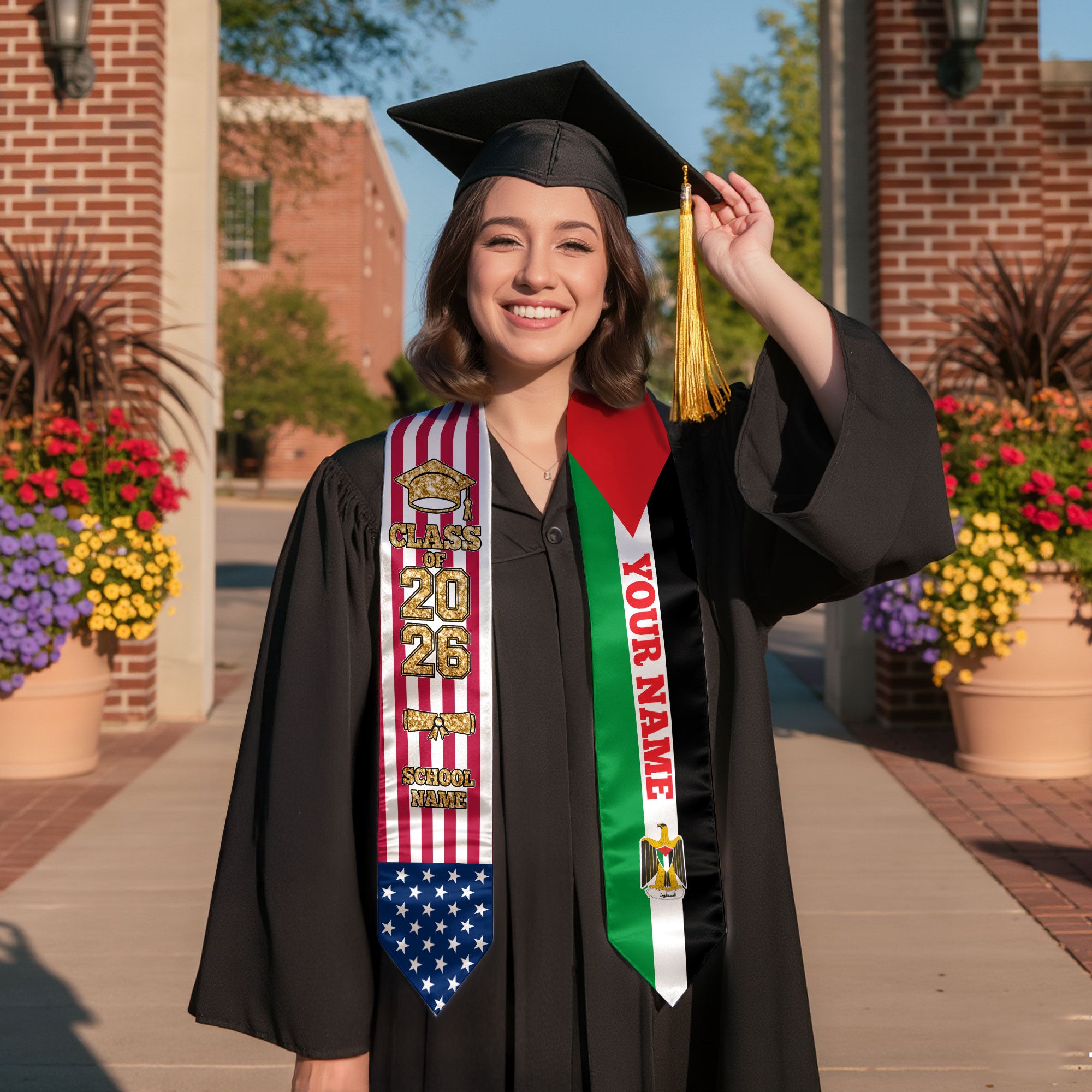 Customized Palestine Graduation Stole Featuring National Flag Colors, Graduation Sash 2026, Class of 2026