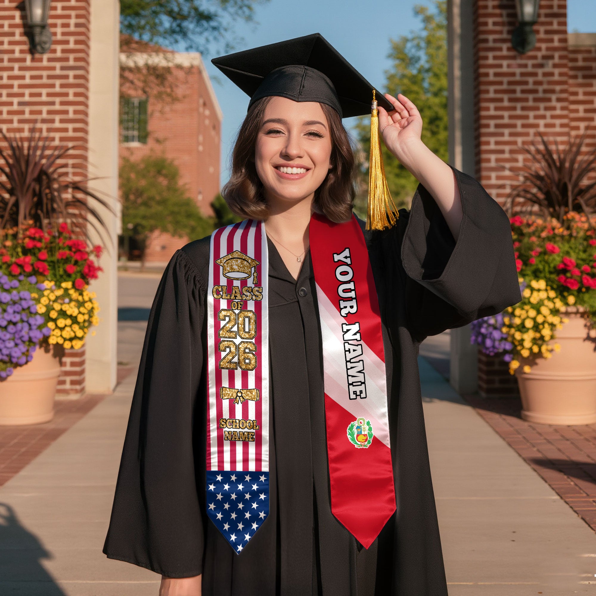 Customized Peru Graduation Stole Featuring Peruvian Flag Accent, Graduation Sash 2026, Class of 2026