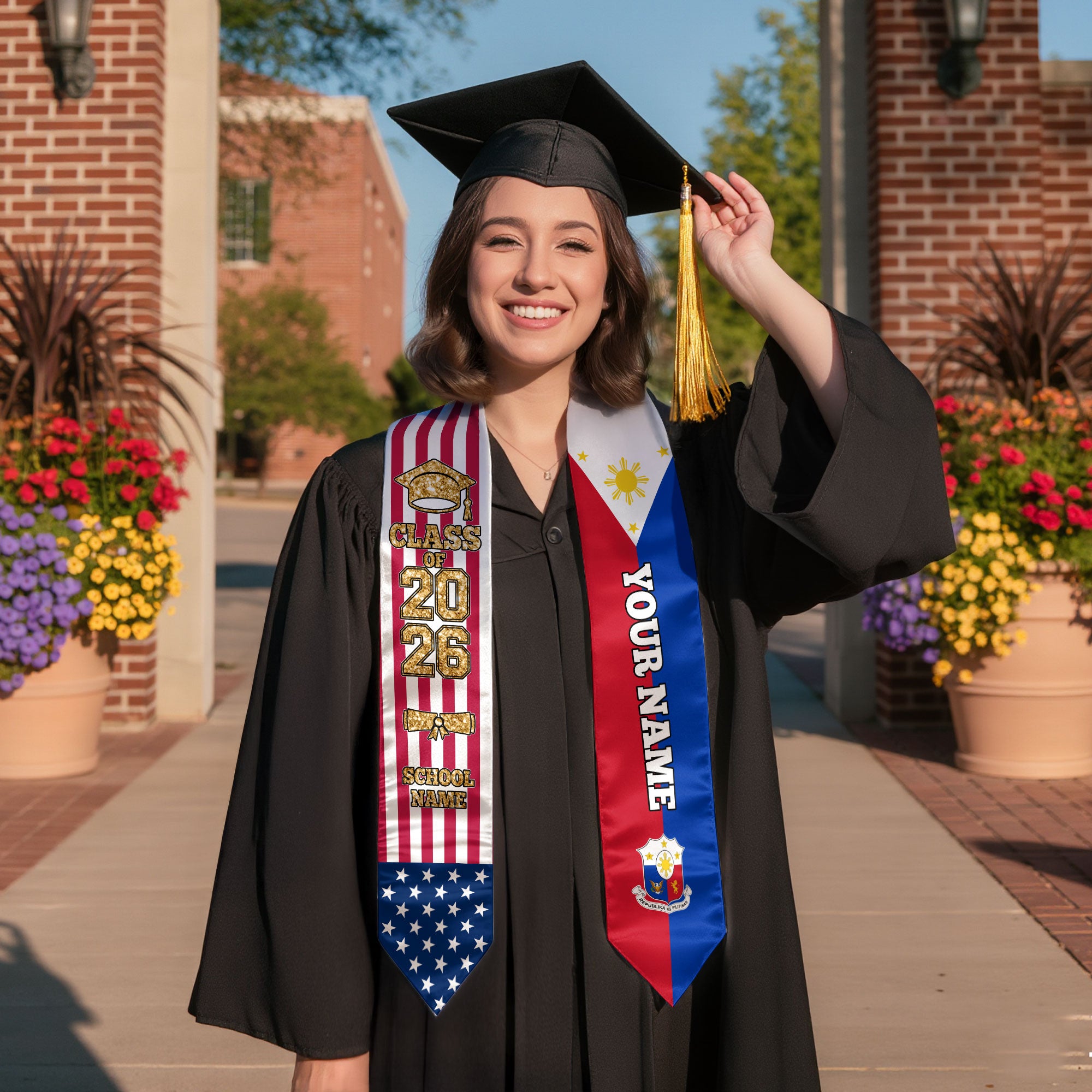 Customized Philippines Graduation Stole with Filipino Flag Feature, Graduation Sash 2026, Class of 2026