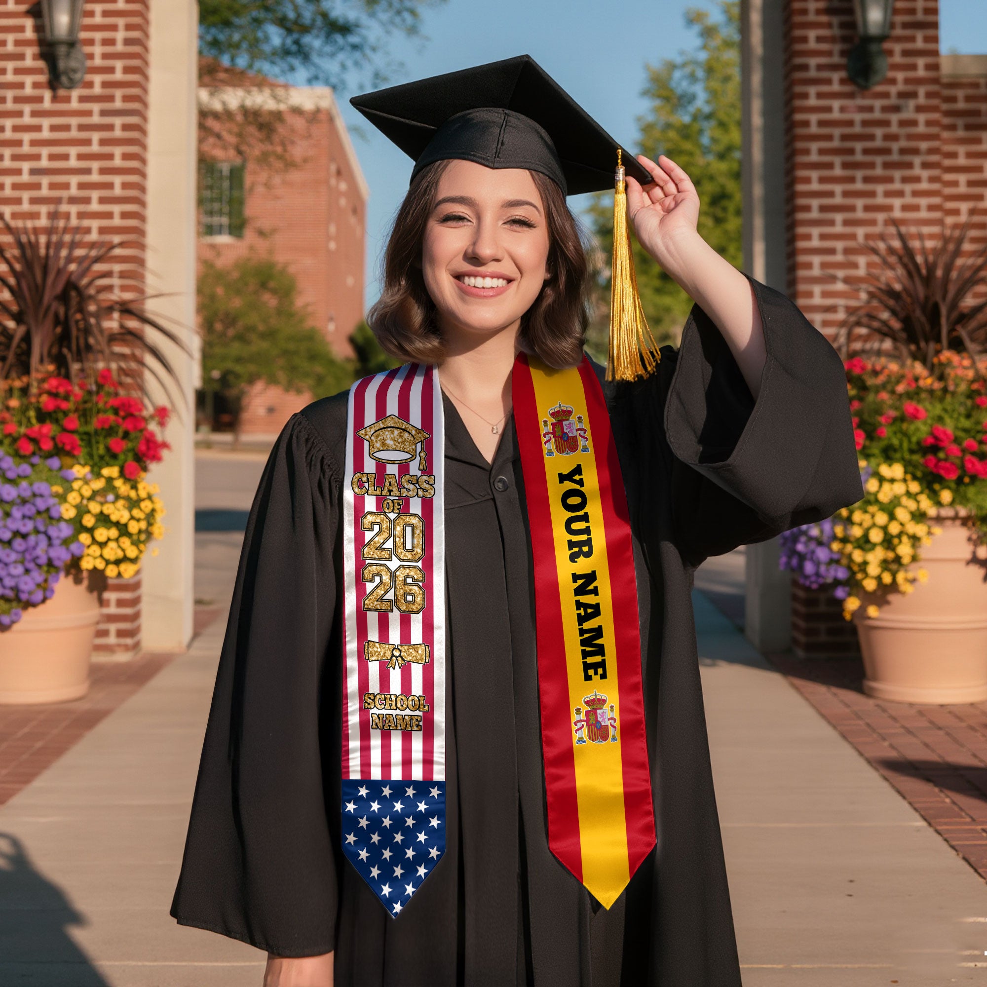 Customized Spain Graduation Stole Featuring Spanish Flag Colors, Graduation Sash 2026, Class of 2026