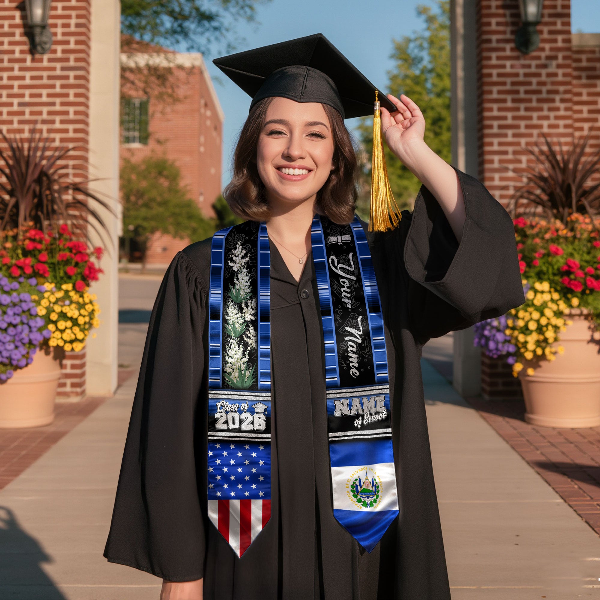 El Salvador Graduation Stole 2026, Salvadoran Flag Sash, Graduation Stole with Custom Accent