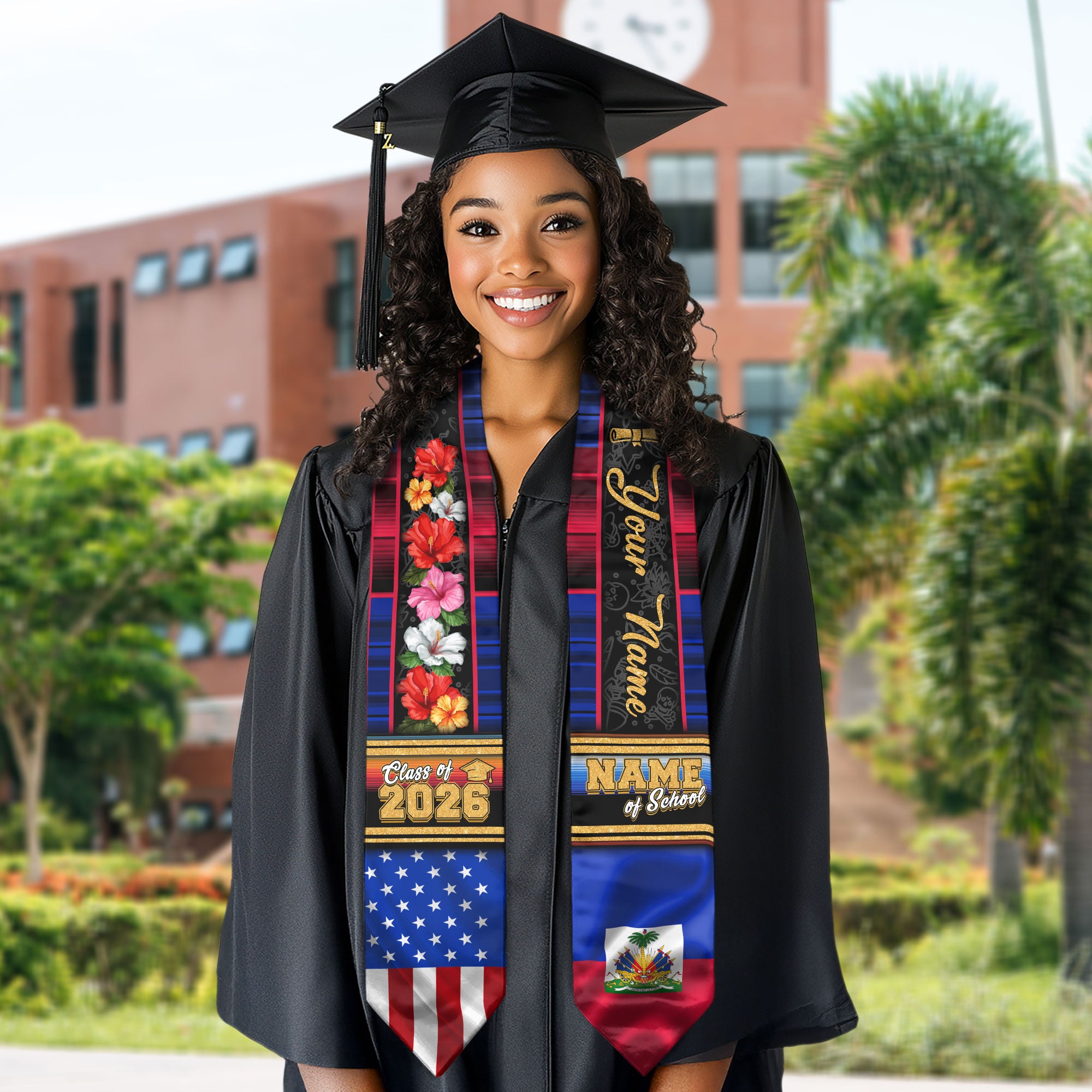 Haiti Graduation Stole 2026, Haitian Flag Sash, Graduation Stole with Custom Accent