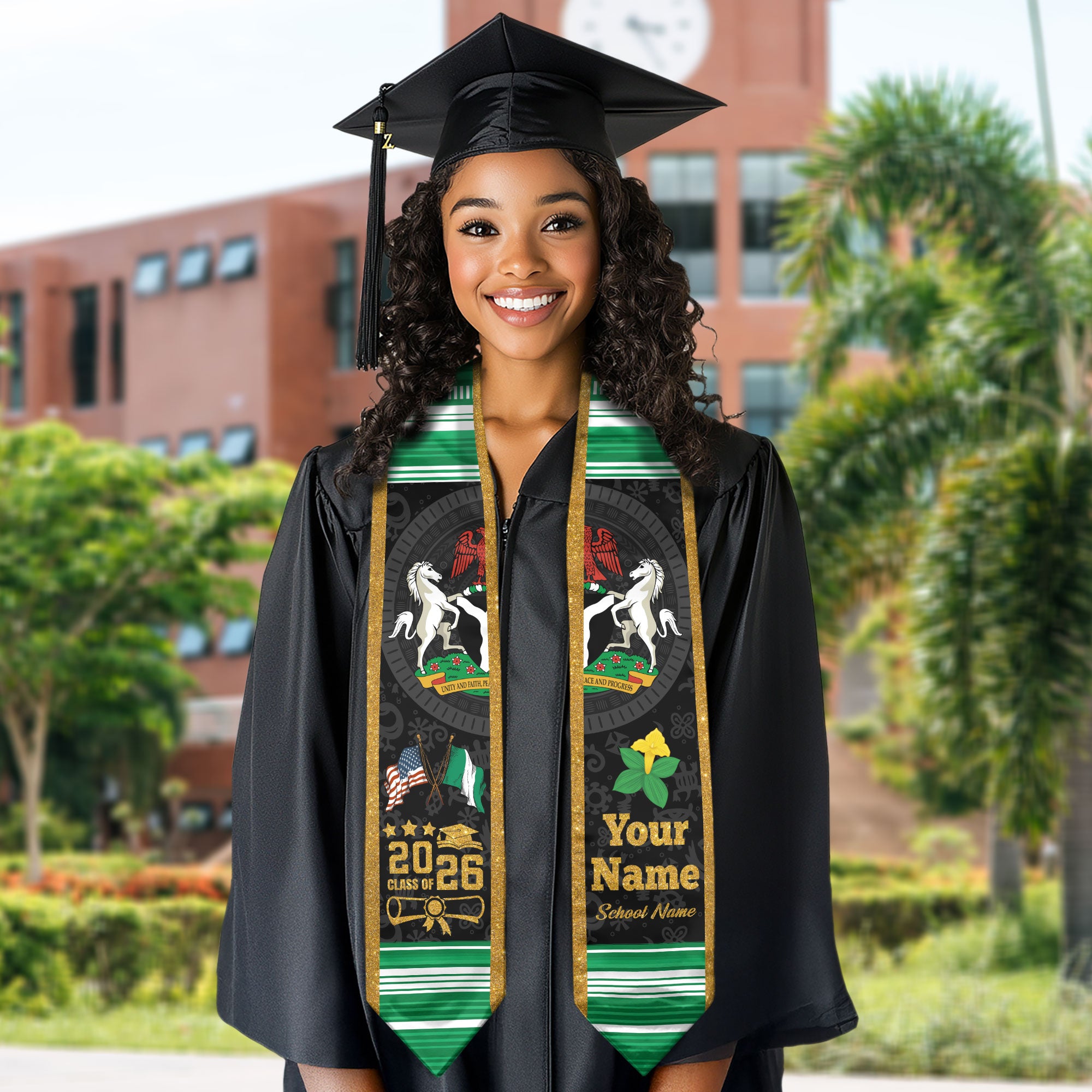 Nigerian Flag Graduation Sash 2026, Nigeria Graduation Stole, Customizable Detail Sash