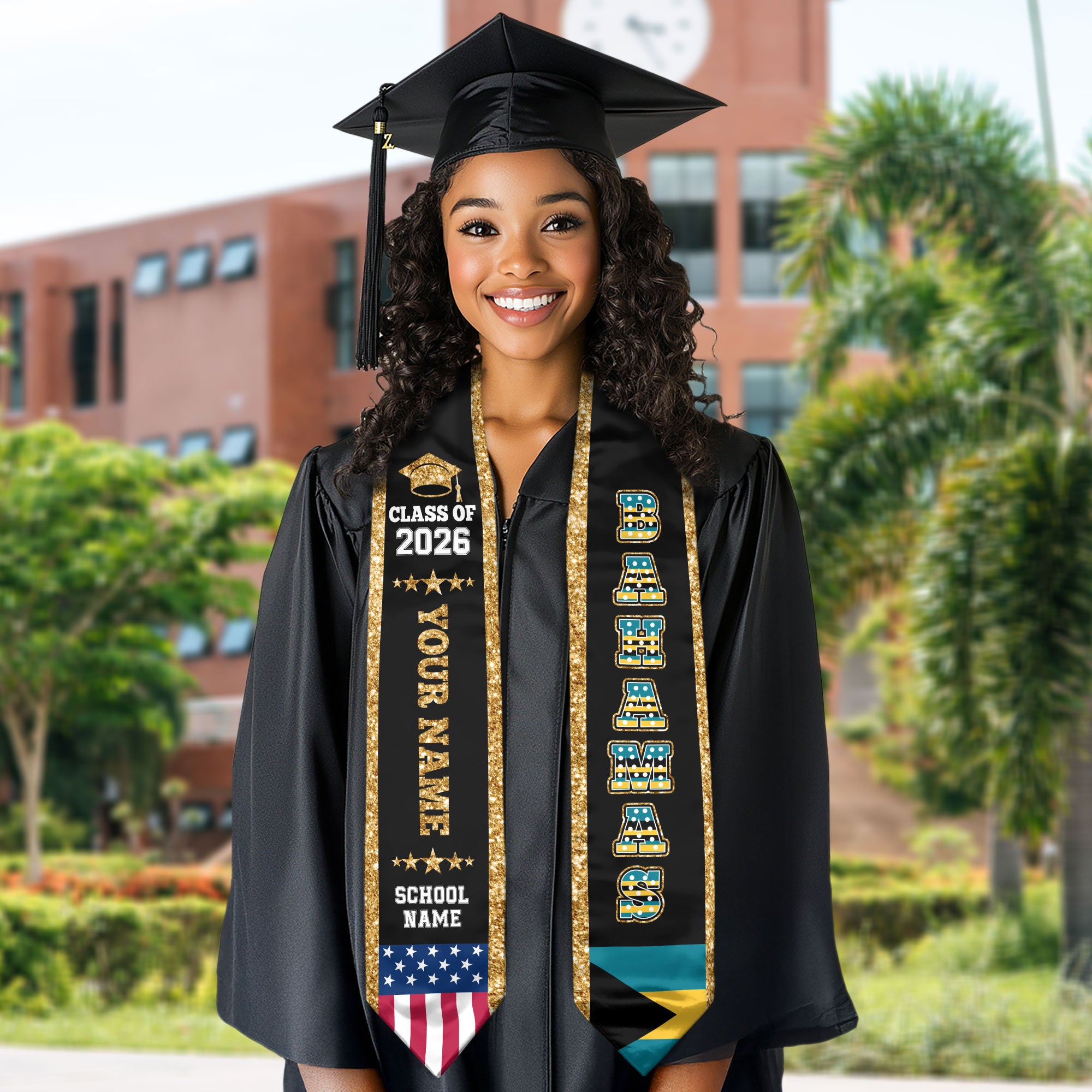 Bahamas Graduation Stole 2026, Bahamas Flag Sash, Personal Detail Option for Graduates