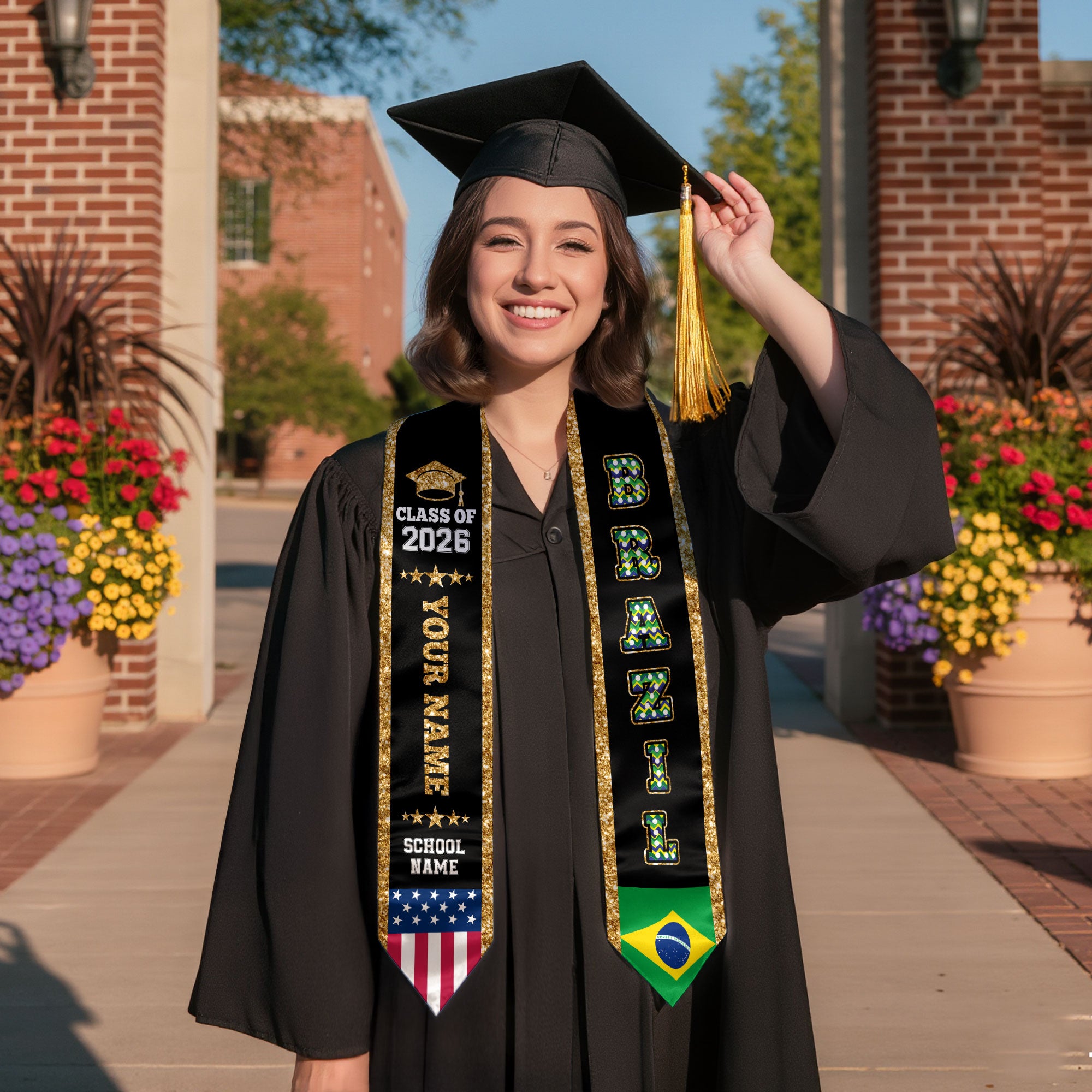 Brazil Graduation Stole 2026, Brazil Flag Sash, Personal Detail Option for Graduates