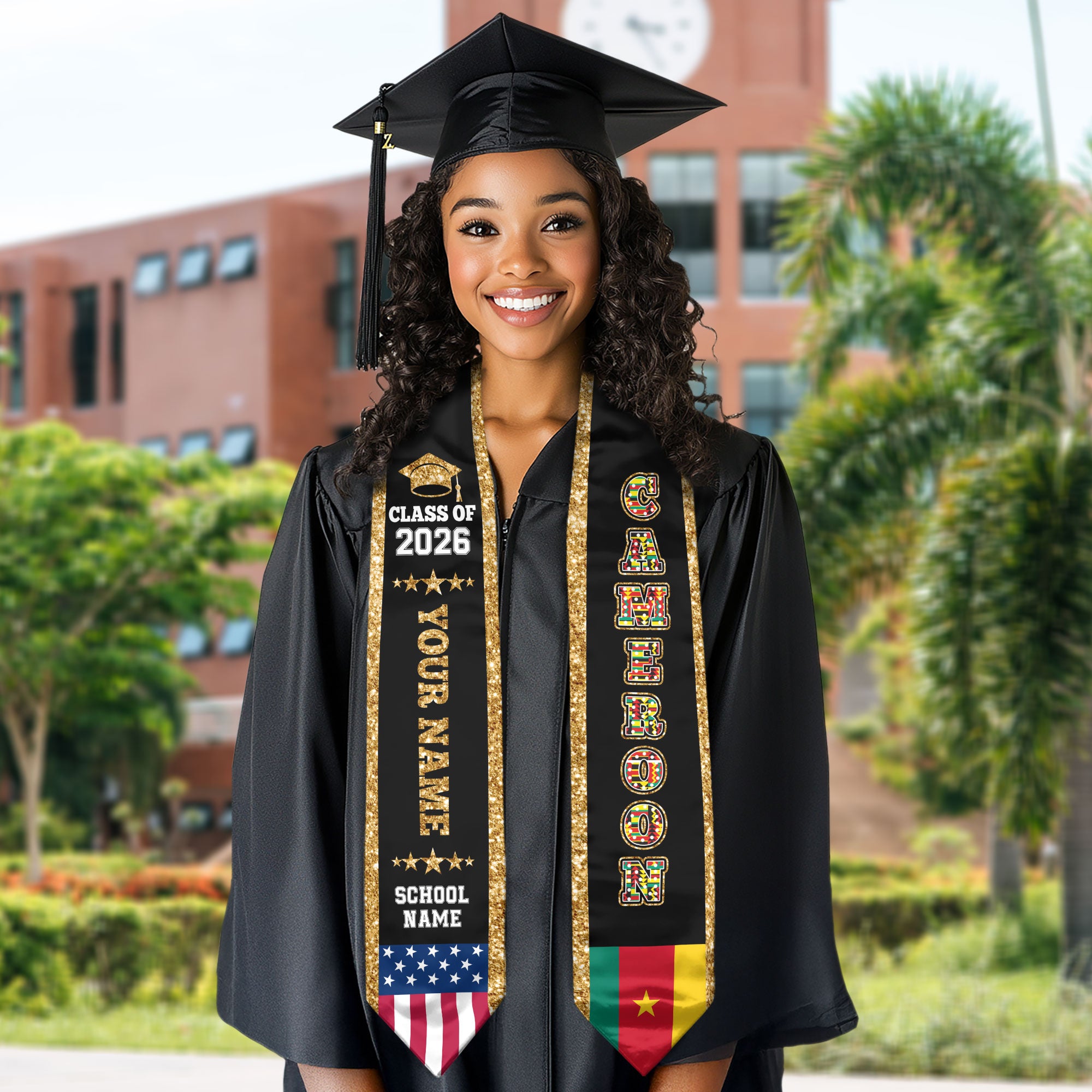 Cameroon Graduation Stole 2026, Cameroon Flag Sash, Personal Detail Option for Graduates