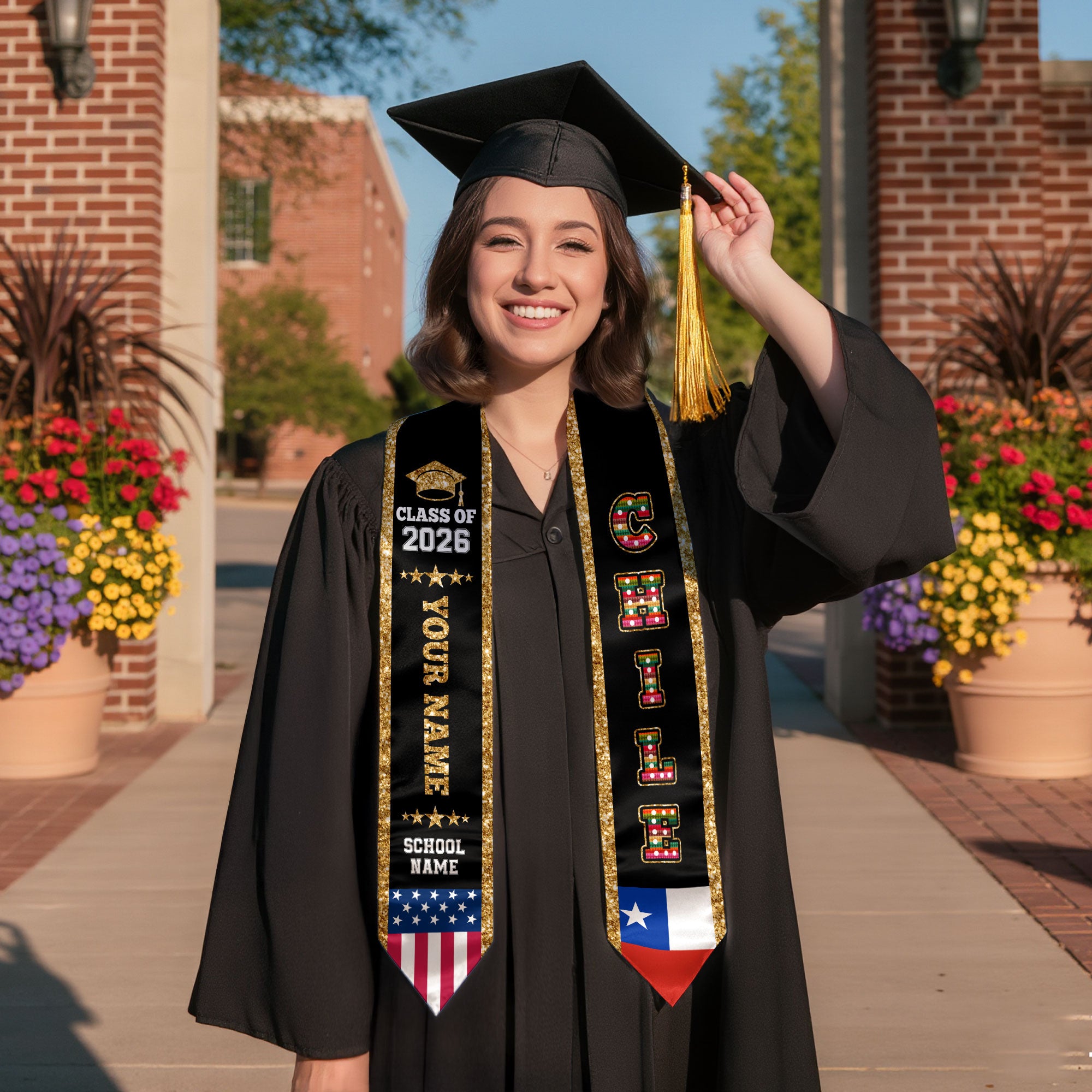 Chile Graduation Stole 2026, Chile Flag Sash, Personal Detail Option for Graduates