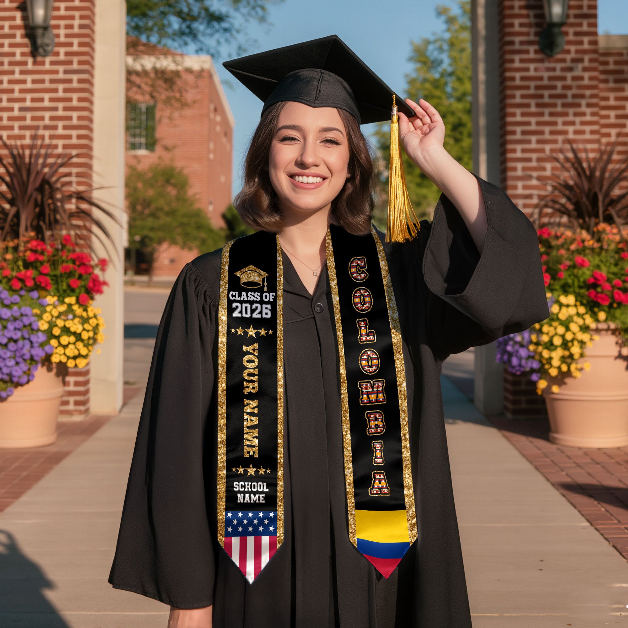 2026 Colombia Flag Graduation Stole, Colombia Sash, Personal Detail Option for Grads
