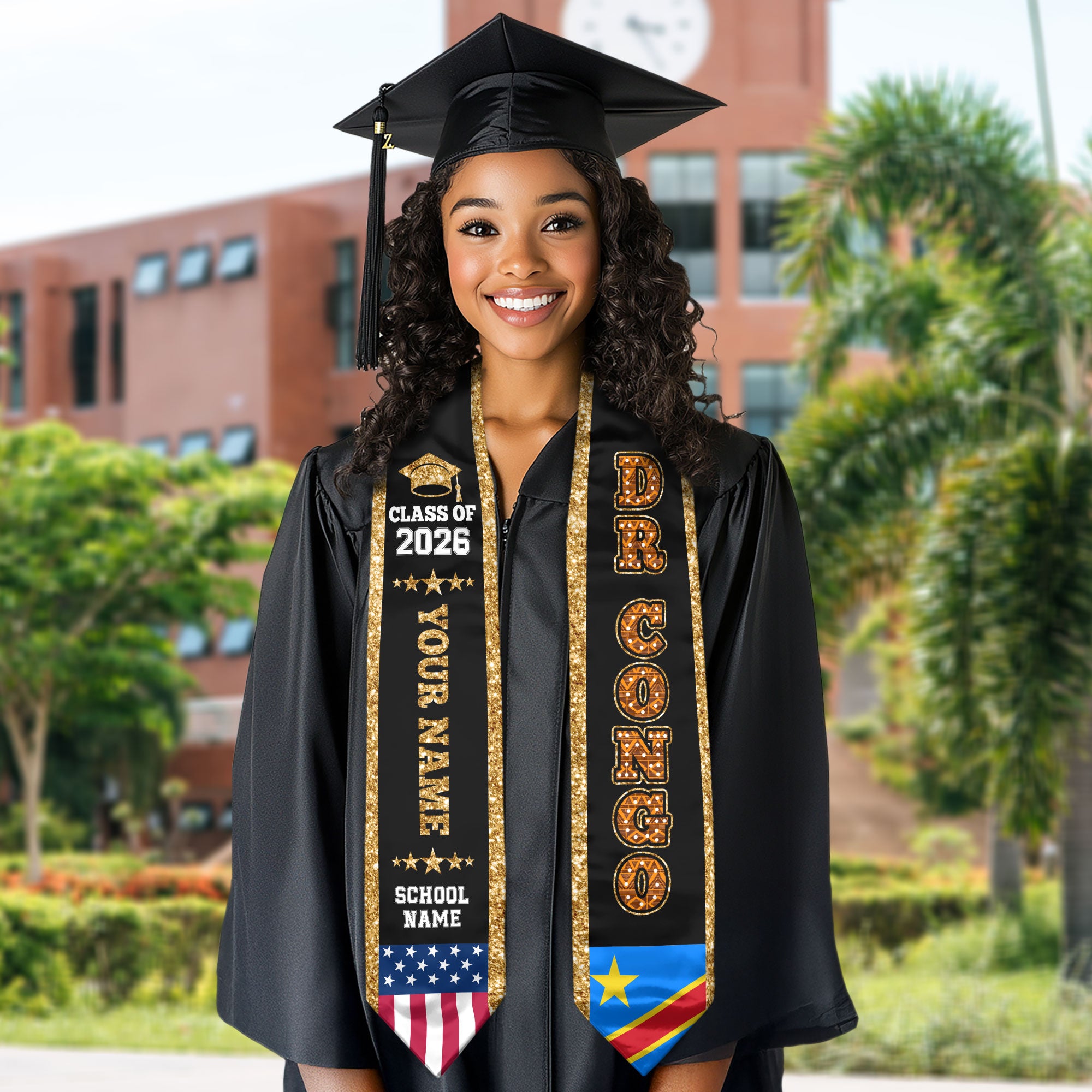 DRCongo Graduation Stole 2026, DRCongo Flag Sash, Personal Detail Option for Graduates