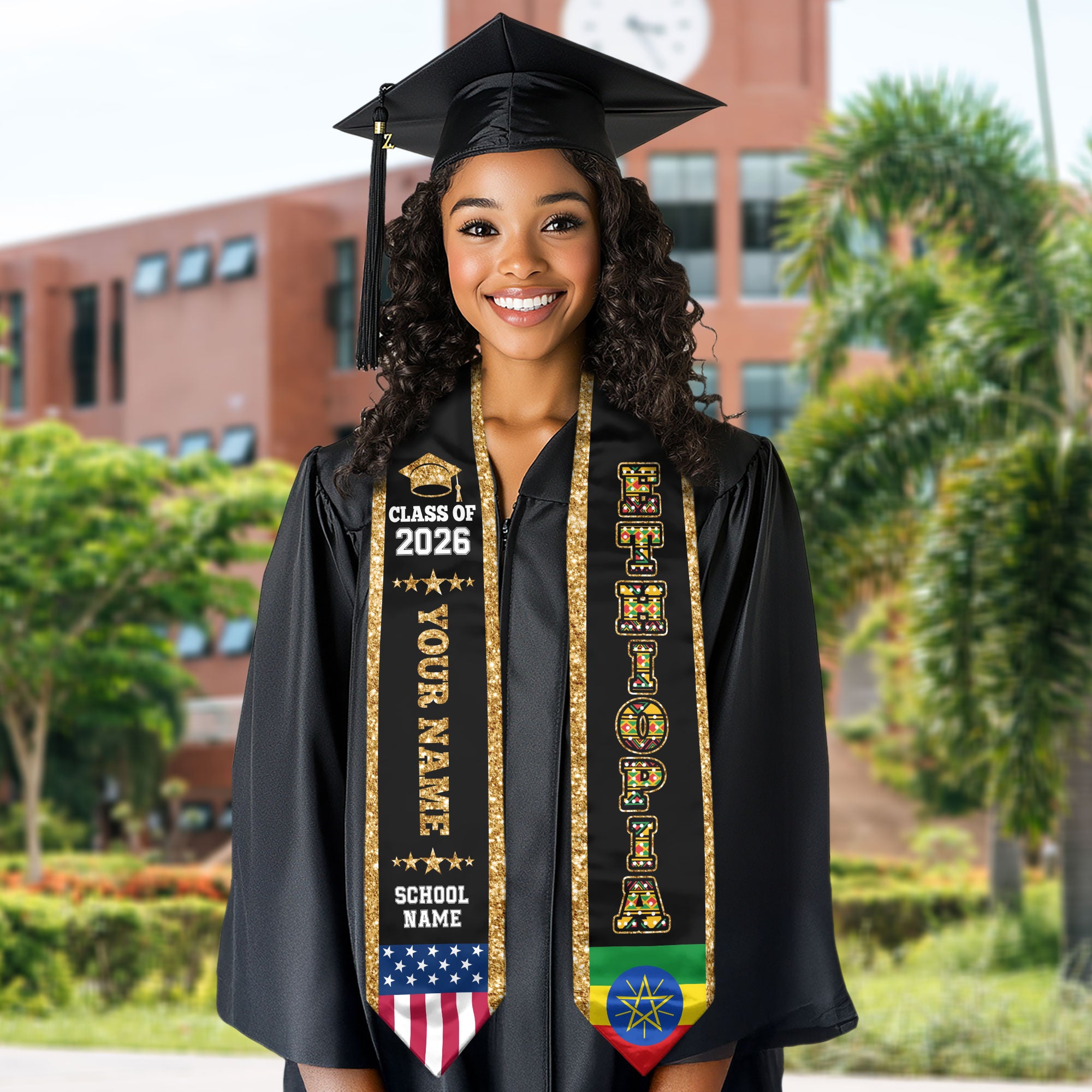 Ethiopia Graduation Stole 2026, Ethiopia Flag Sash, Personal Detail Option for Graduates