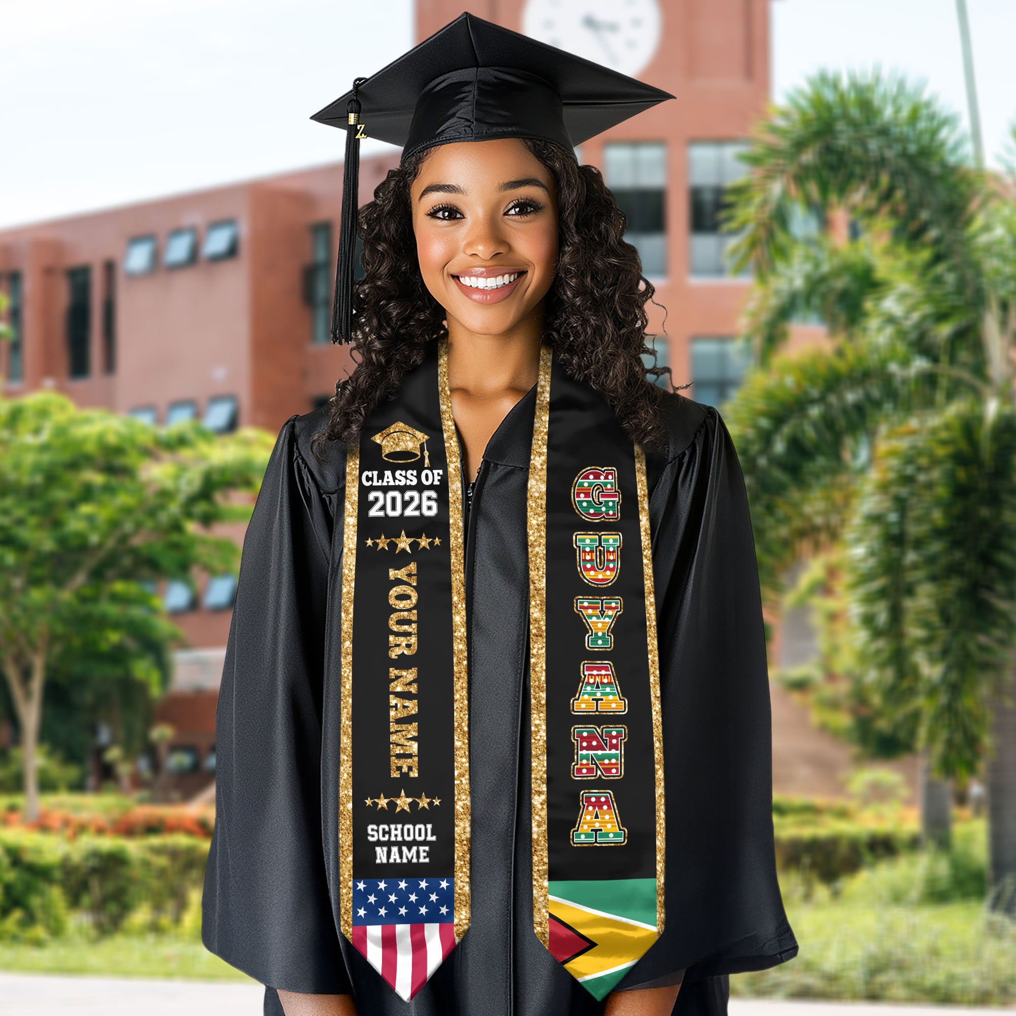 Guyana Graduation Stole 2026, Guyana Flag Sash, Personal Detail Option for Graduates